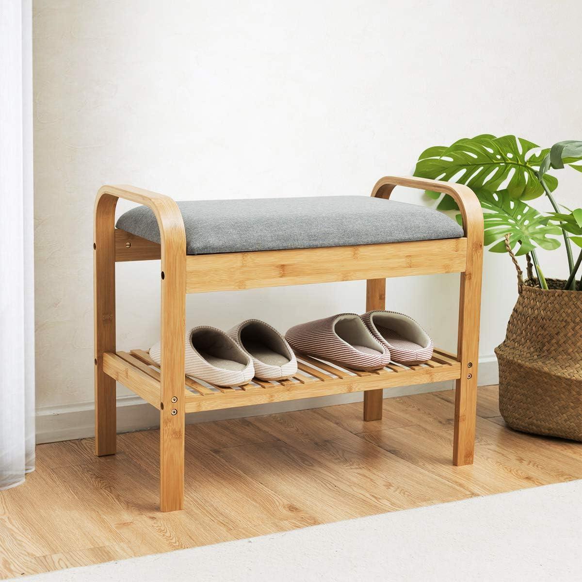 image:imageGiantex Small Entryway Bench with Storage 2Tier Bamboo Shoe Rack Bench with Flip Top Storage Space and Padded Cushion Shoe Organizer for Entryway Living Room Hallway BedroomNatural