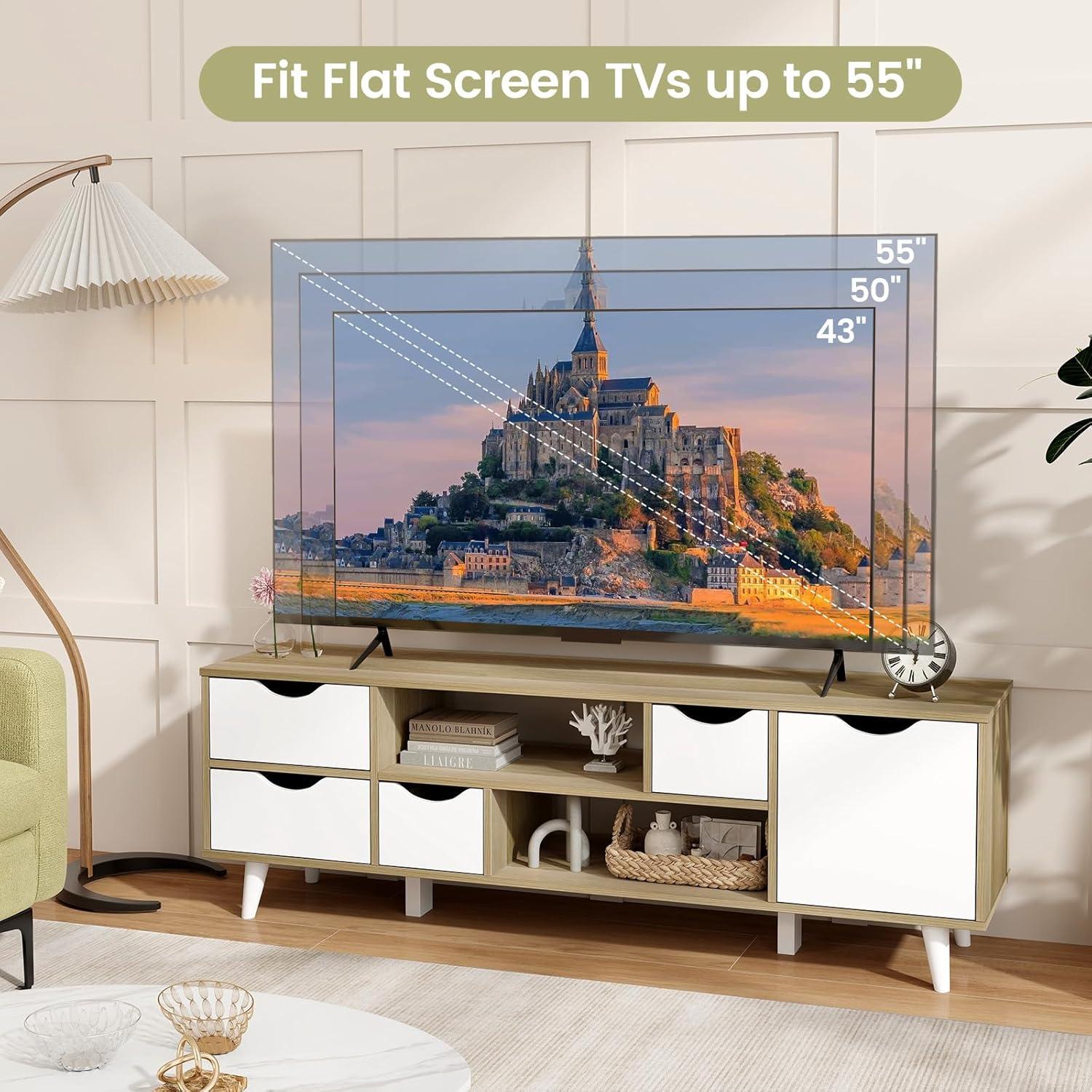image:imageGiantex TV Stand for 55 Inches TVs Mid Century Modern Entertainment Center with 4 Drawers 1 Cabinet Adjustable Shelf 2 Compartments Media Console Table Television Stands for Bedroom TV Cabinet