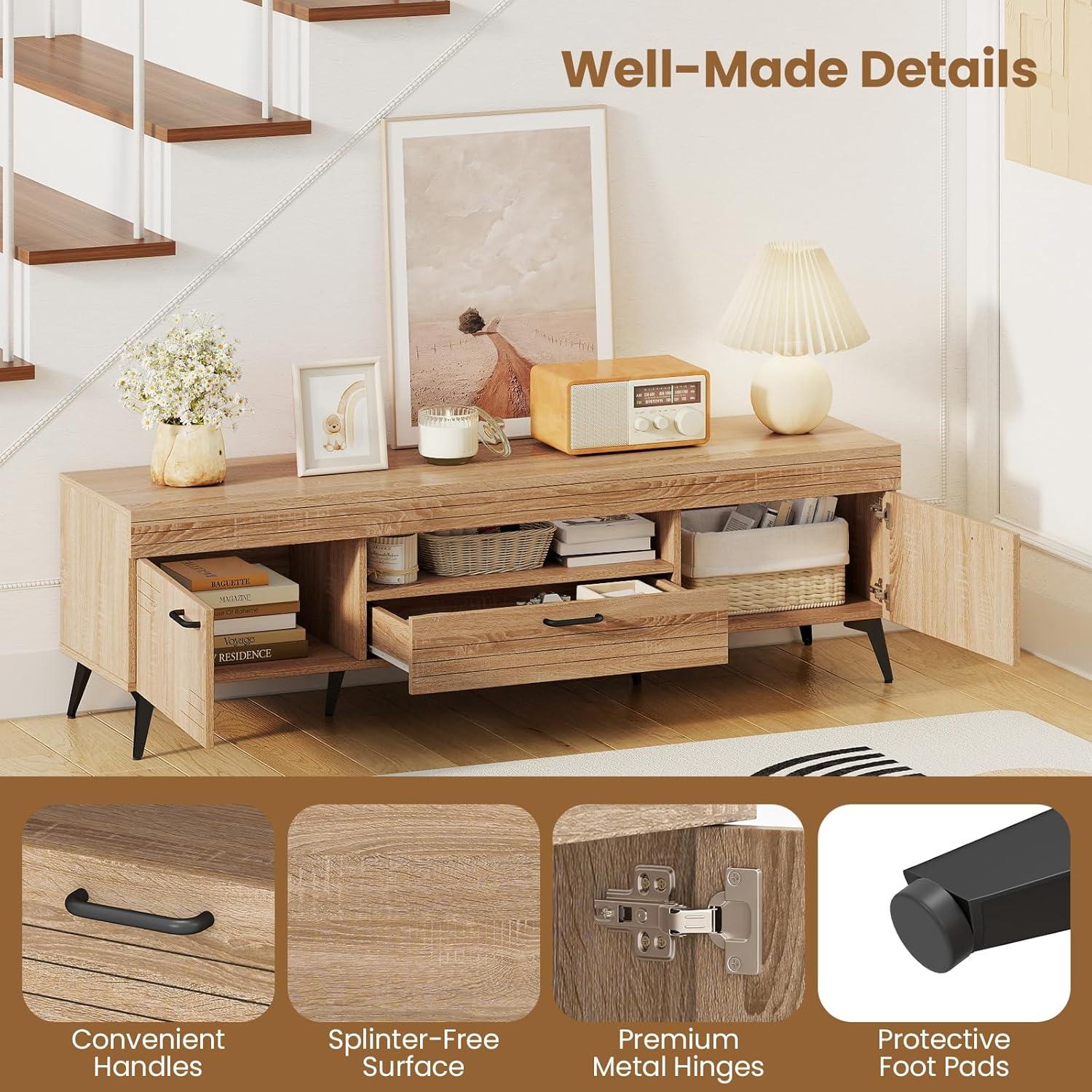 image:imageGiantex TV Stand for 65 Inch TV Mid Century Modern Entertainment Center with Carved Patterns 2 Cabinets 1 Drawer and 6 Metal Legs Media TV Console Table for Living Room Bedroom