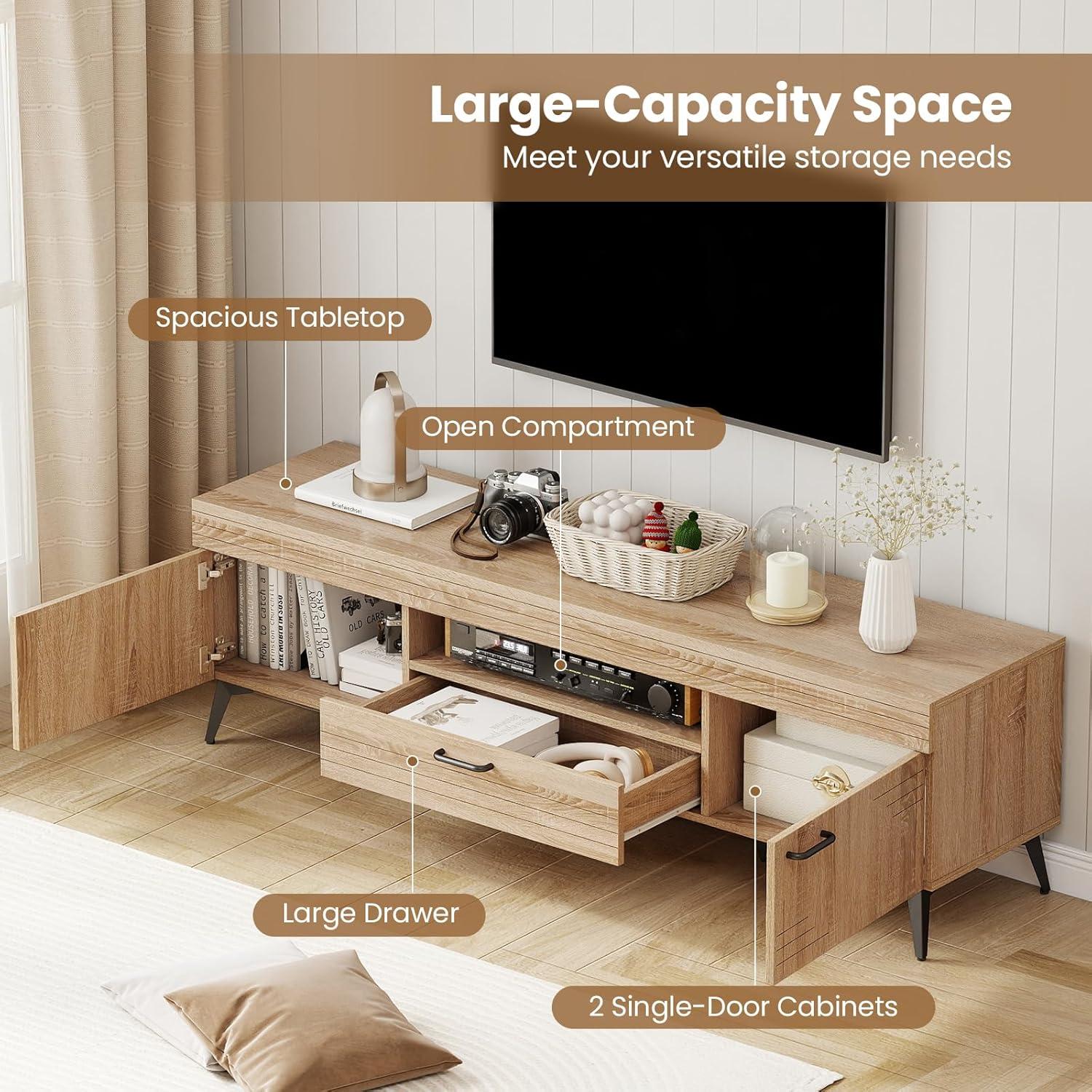 image:imageGiantex TV Stand for 65 Inch TV Mid Century Modern Entertainment Center with Carved Patterns 2 Cabinets 1 Drawer and 6 Metal Legs Media TV Console Table for Living Room Bedroom
