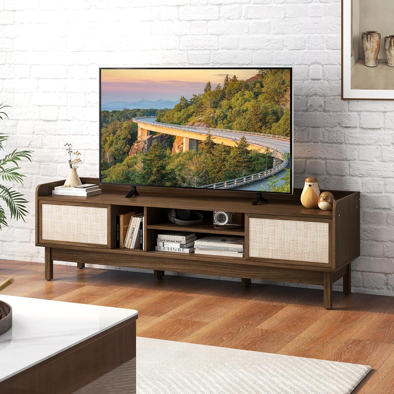 image:imageGiantex TV Stand for 65 TV Entertainment Center with Woven Doors Sliding Door Adjustable Shelf amp Compartment Cable Holes Mid Century Modern Media Console Table Television Stands for Living Room