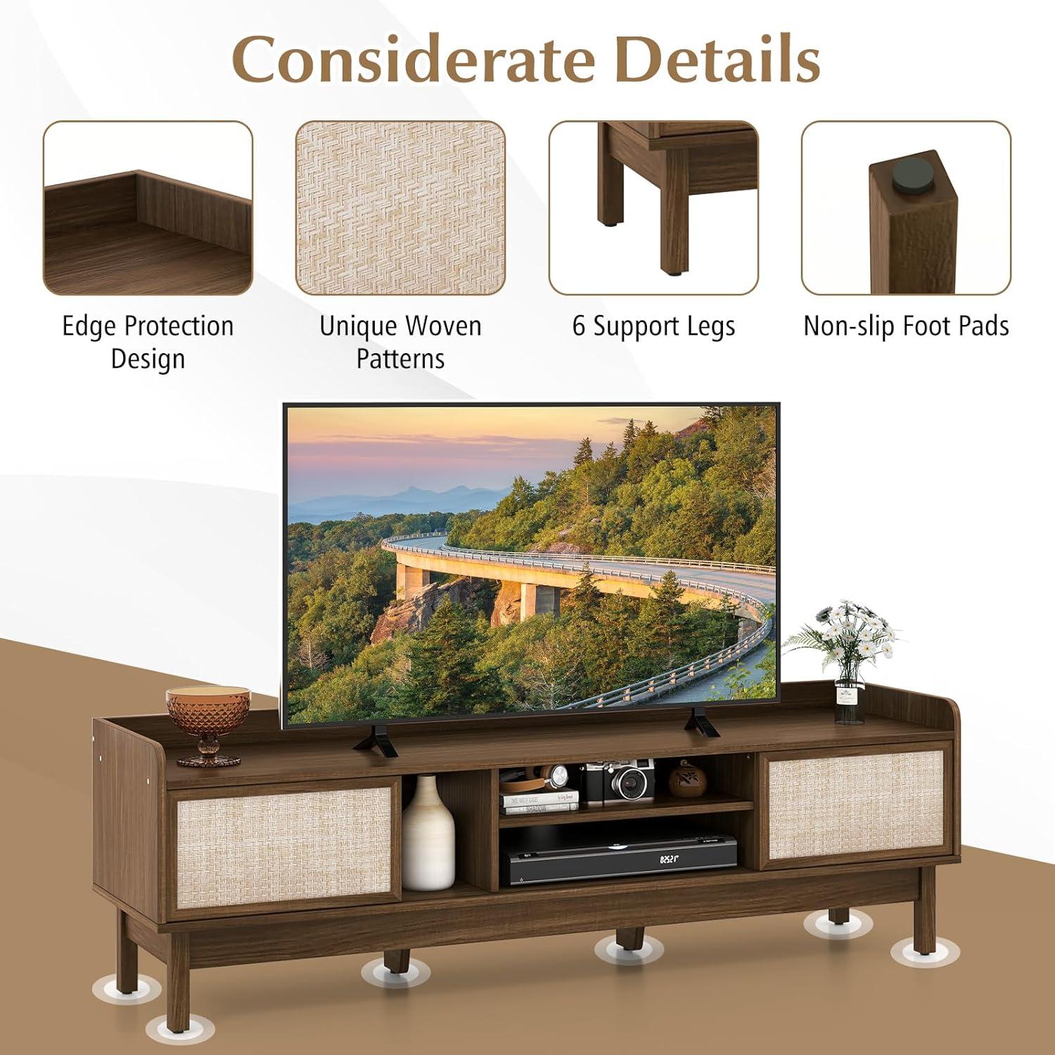 image:imageGiantex TV Stand for 65 TV Entertainment Center with Woven Doors Sliding Door Adjustable Shelf amp Compartment Cable Holes Mid Century Modern Media Console Table Television Stands for Living Room
