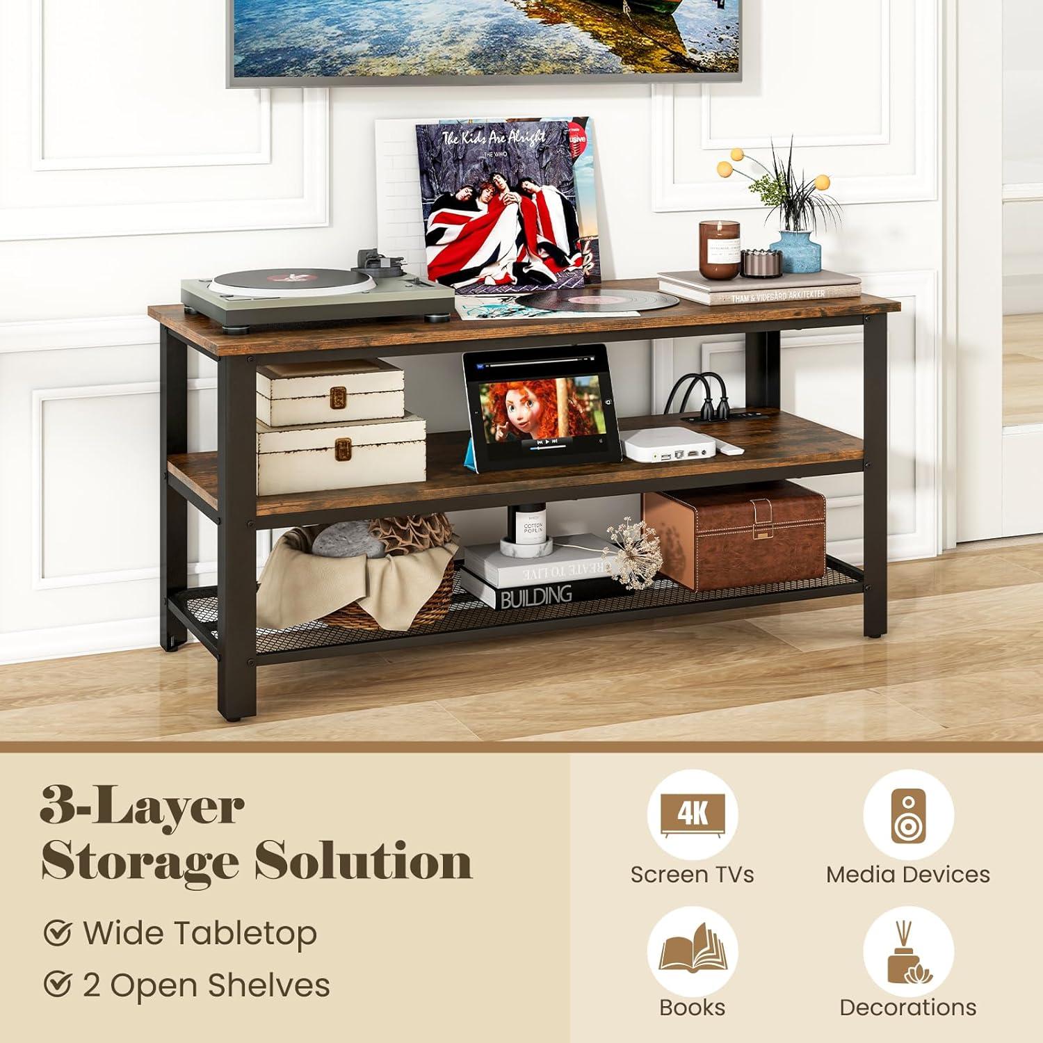 image:imageGiantex TV Stand for Bedroom Entertainment Center for TVs up to 50 3Tier Media Console Table with Outlets USB PortsStorage Shelves Metal Frame 435 TV Table for Living Room Rustic Brown