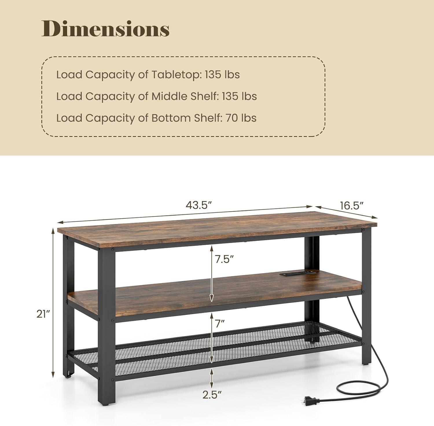 image:imageGiantex TV Stand for Bedroom Entertainment Center for TVs up to 50 3Tier Media Console Table with Outlets USB PortsStorage Shelves Metal Frame 435 TV Table for Living Room Rustic Brown