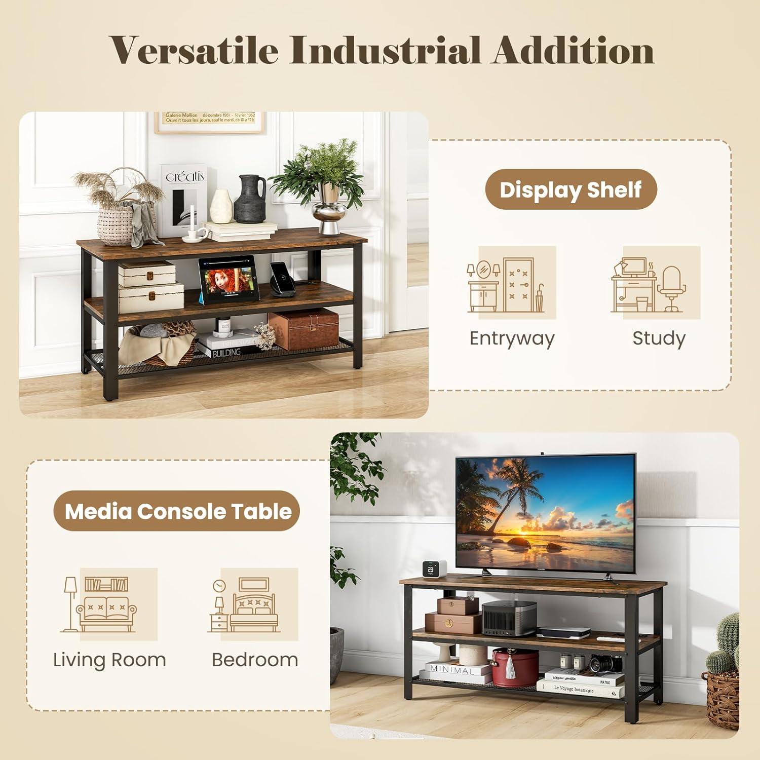 image:imageGiantex TV Stand for Bedroom Entertainment Center for TVs up to 50 3Tier Media Console Table with Outlets USB PortsStorage Shelves Metal Frame 435 TV Table for Living Room Rustic Brown