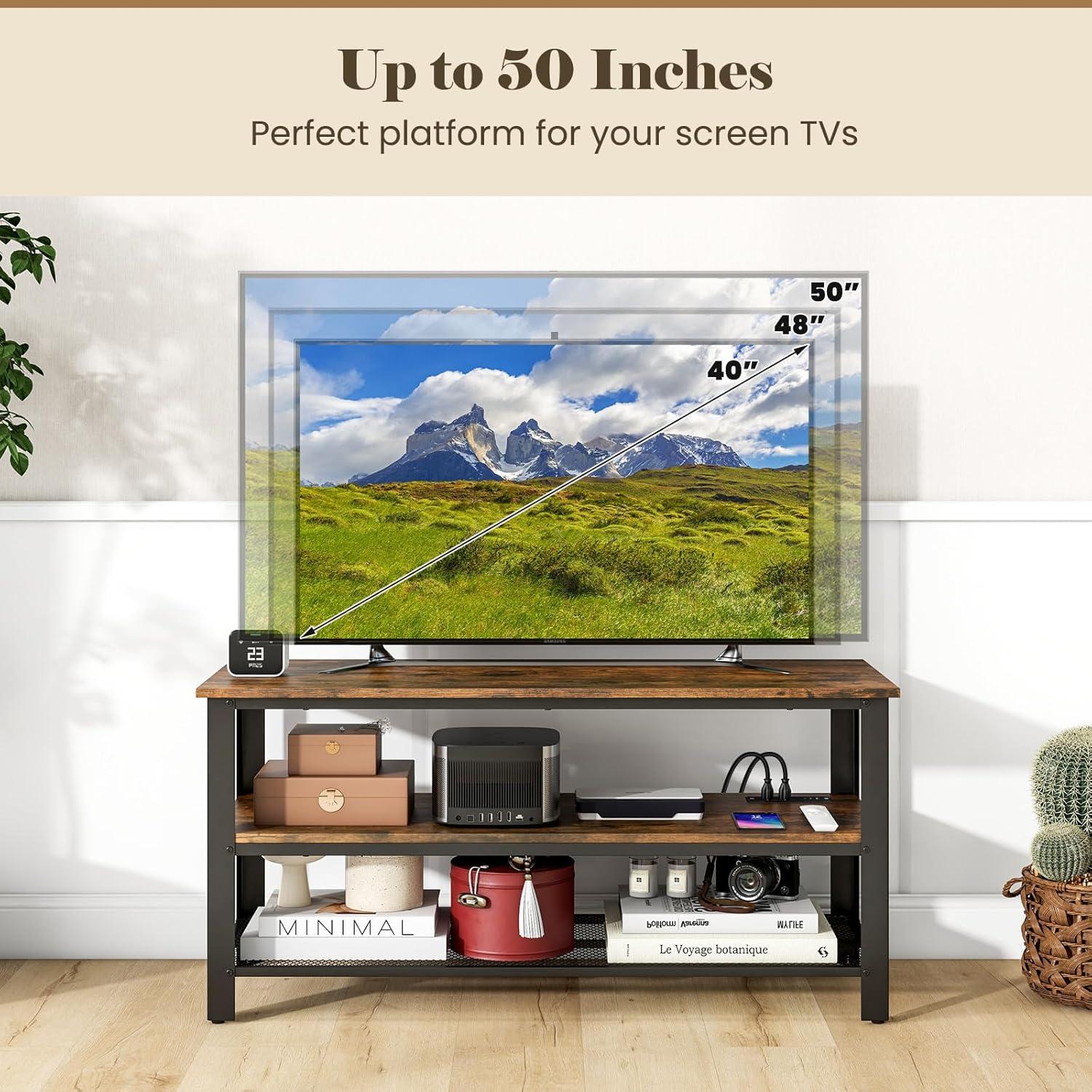 image:imageGiantex TV Stand for Bedroom Entertainment Center for TVs up to 50 3Tier Media Console Table with Outlets USB PortsStorage Shelves Metal Frame 435 TV Table for Living Room Rustic Brown