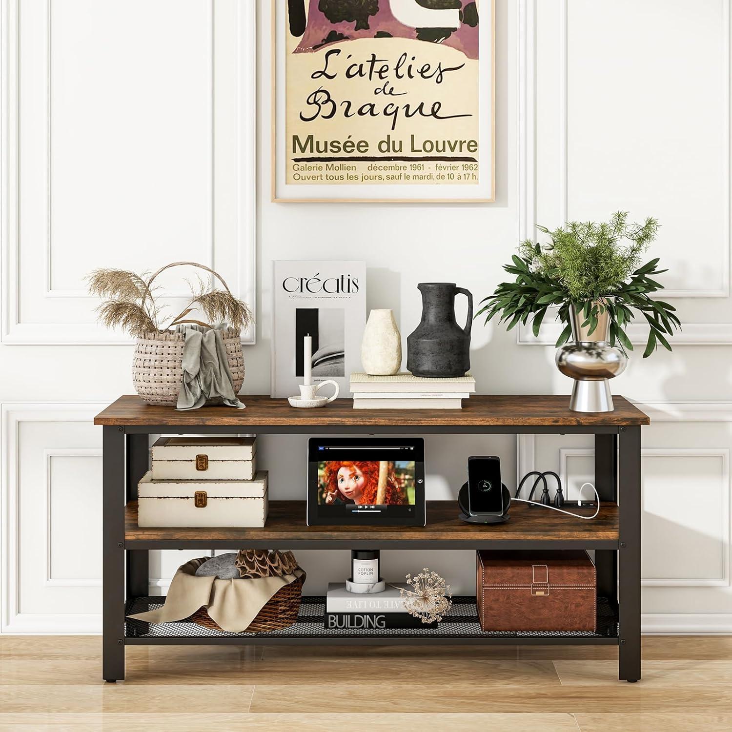 image:imageGiantex TV Stand for Bedroom Entertainment Center for TVs up to 50 3Tier Media Console Table with Outlets USB PortsStorage Shelves Metal Frame 435 TV Table for Living Room Rustic Brown