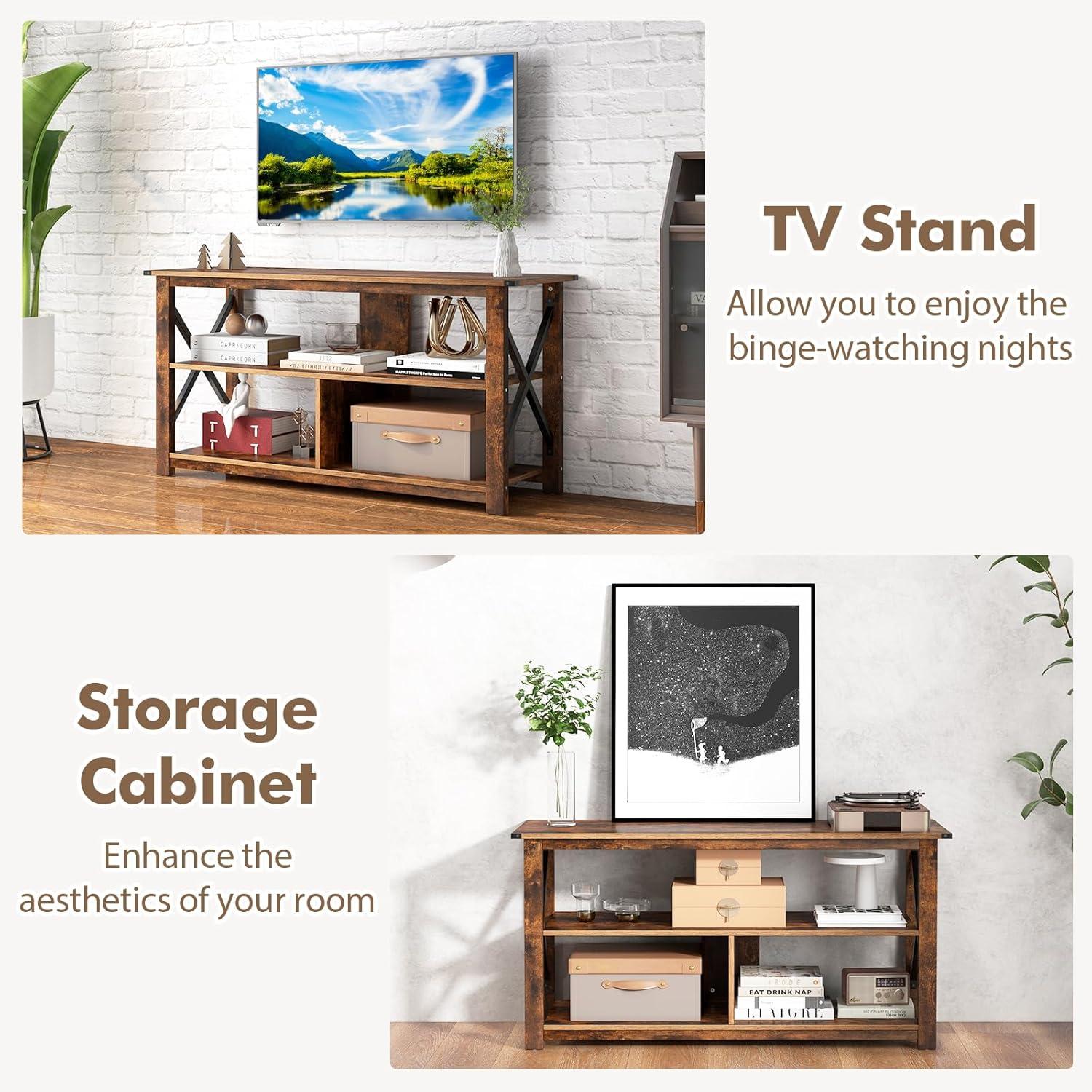 image:imageGiantex TV Stand for Bedroom TV Cabinet for TV Up to 55 Entertainment Center with Storage Shelf amp Cable Hole XShaped Metal Frame TV Console Table for Living Room WhiteBrown