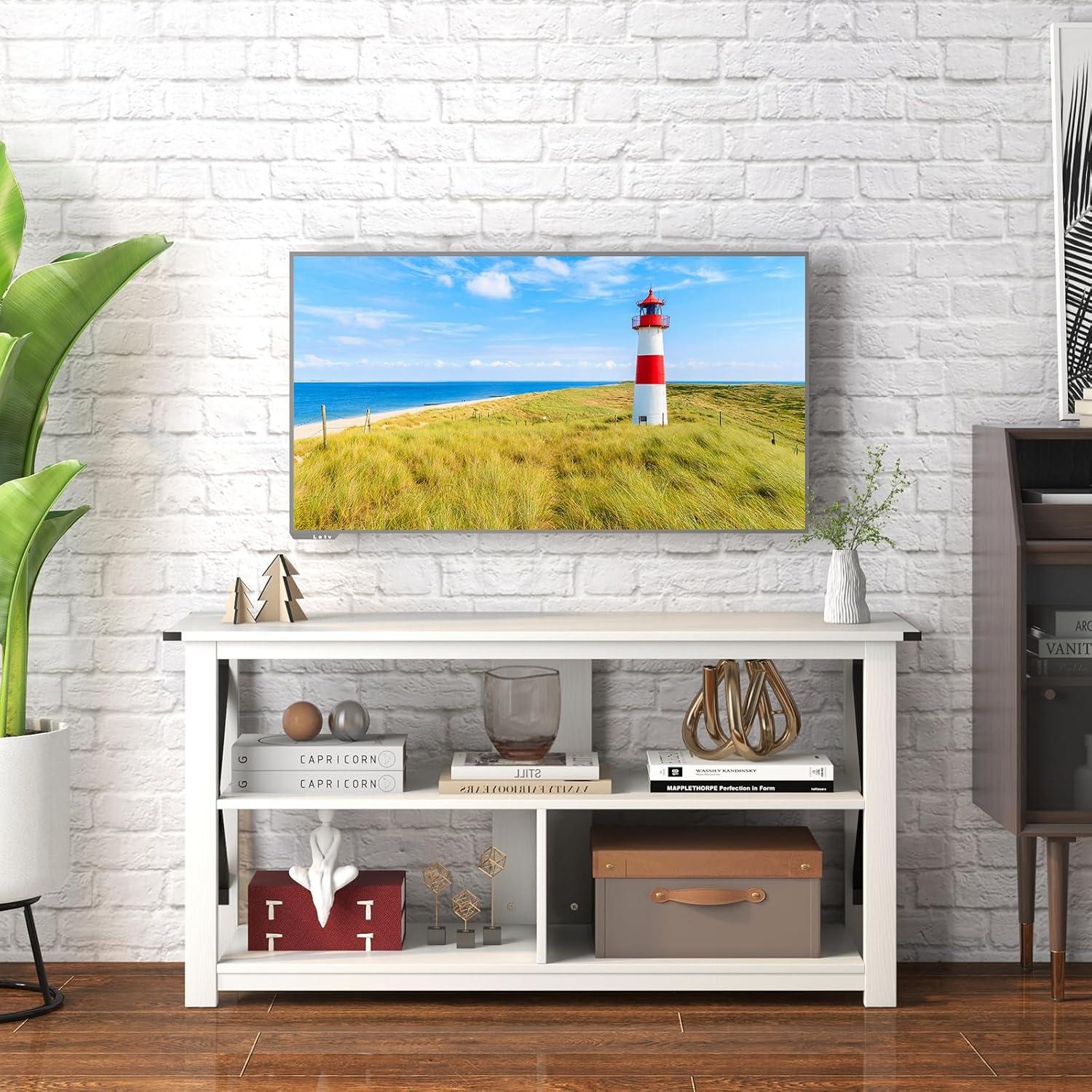 image:imageGiantex TV Stand for Bedroom TV Cabinet for TV Up to 55 Entertainment Center with Storage Shelf amp Cable Hole XShaped Metal Frame TV Console Table for Living Room WhiteWhite
