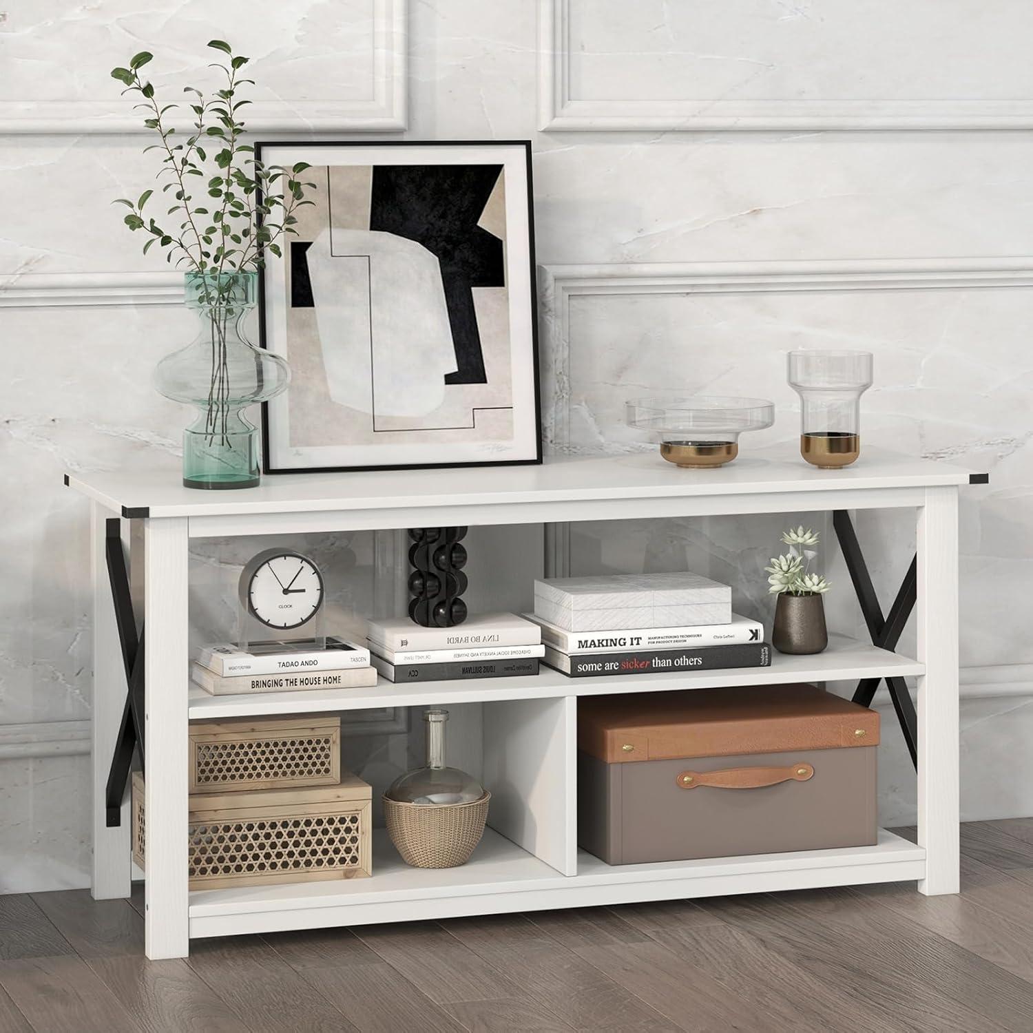 image:imageGiantex TV Stand for Bedroom TV Cabinet for TV Up to 55 Entertainment Center with Storage Shelf amp Cable Hole XShaped Metal Frame TV Console Table for Living Room WhiteWhite