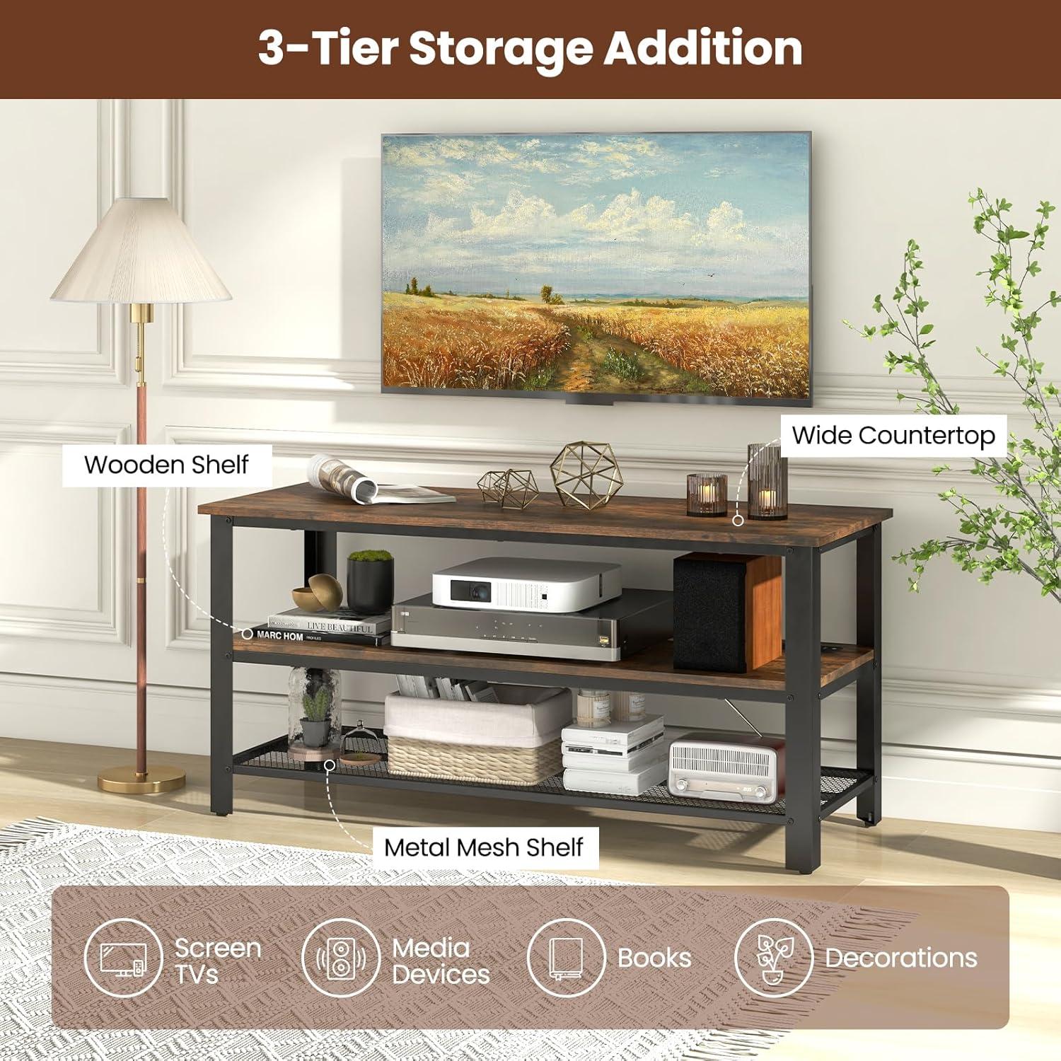 image:imageGiantex TV Stand for TV up to 50 Inches 435 Wood Industrial TV Cabinet with 3Tier Storage Shelves Adjustable Feet Entertainment Center TV Console Table for Living Room Bedroom Rustic Brown
