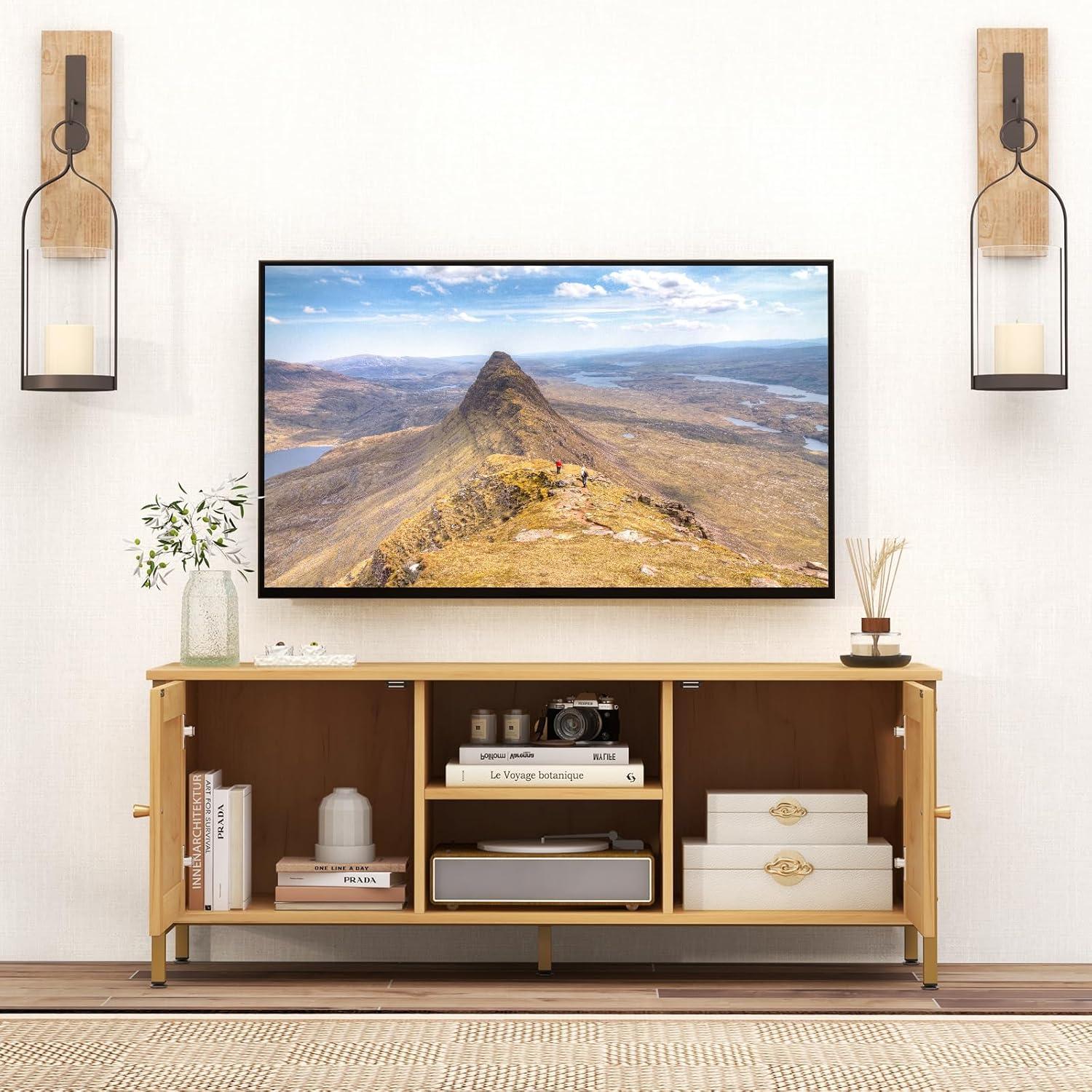 image:imageGiantex TV Stand for TVs up to 55 Farmhouse Entertainment Center with 2 Cabinets Storage Shelves PE Rattan Doors 5 Metal Legs Cable Management Holes Boho TV Media Console for Living Room