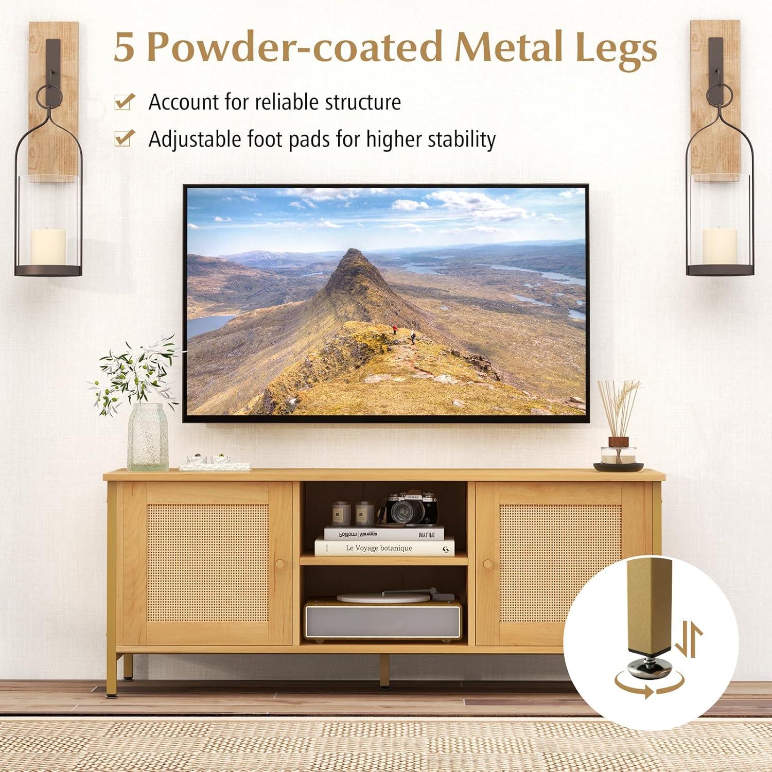 image:imageGiantex TV Stand for TVs up to 55 Farmhouse Entertainment Center with 2 Cabinets Storage Shelves PE Rattan Doors 5 Metal Legs Cable Management Holes Boho TV Media Console for Living Room