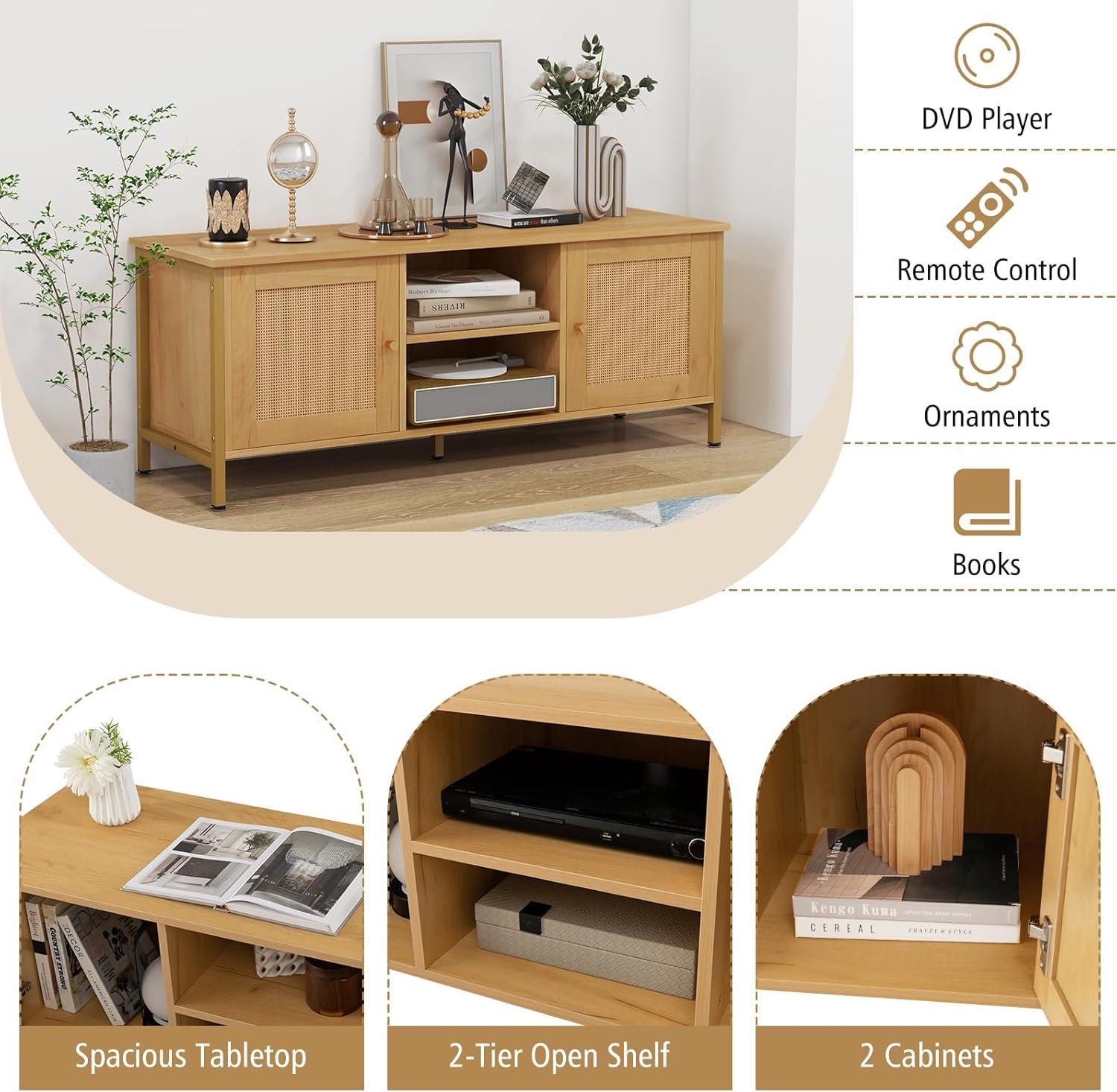 image:imageGiantex TV Stand for TVs up to 55 Farmhouse Entertainment Center with 2 Cabinets Storage Shelves PE Rattan Doors 5 Metal Legs Cable Management Holes Boho TV Media Console for Living Room
