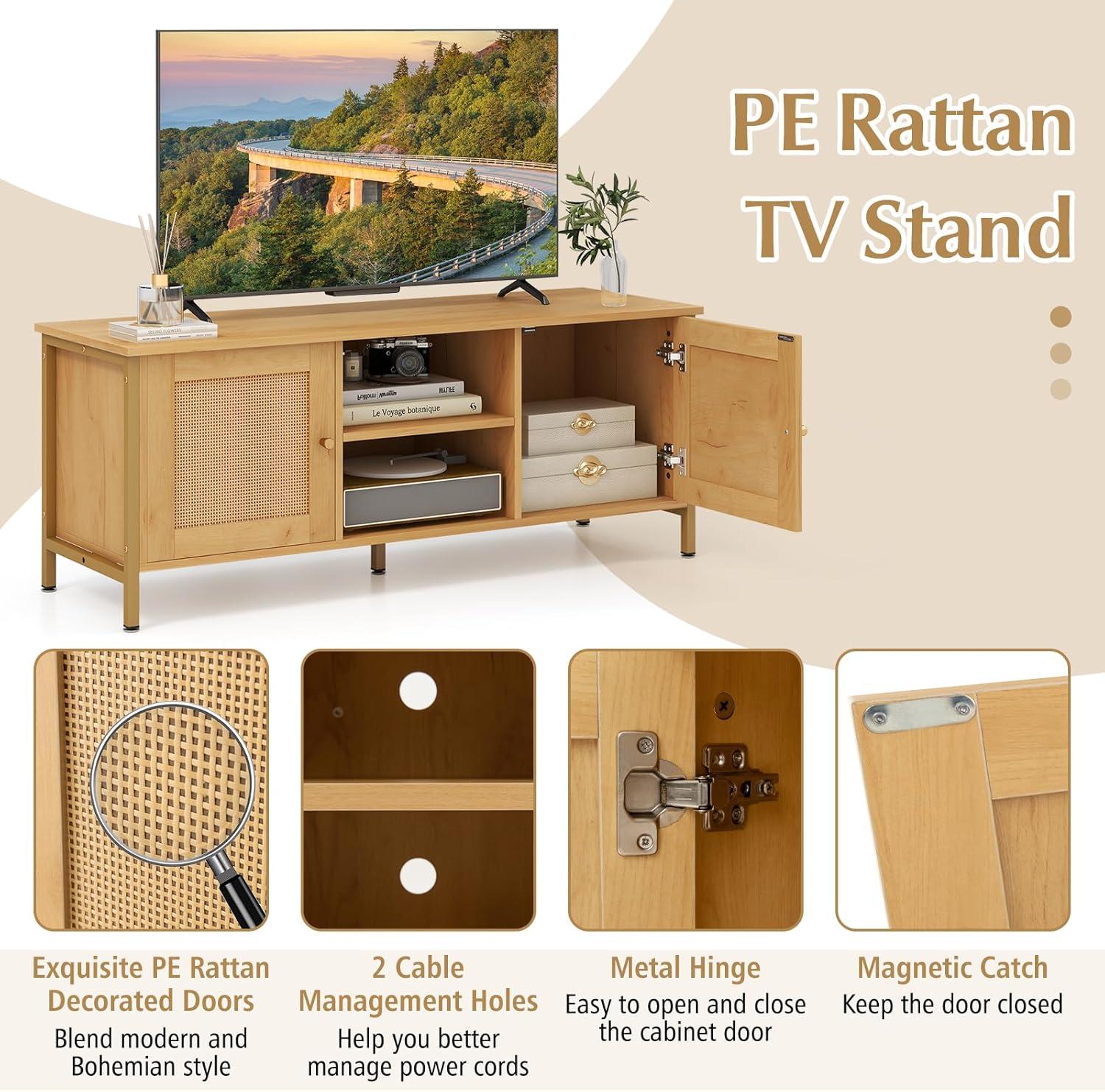 image:imageGiantex TV Stand for TVs up to 55 Farmhouse Entertainment Center with 2 Cabinets Storage Shelves PE Rattan Doors 5 Metal Legs Cable Management Holes Boho TV Media Console for Living Room
