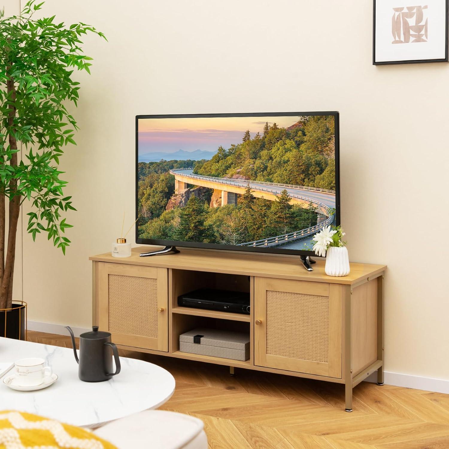image:imageGiantex TV Stand for TVs up to 55 Farmhouse Entertainment Center with 2 Cabinets Storage Shelves PE Rattan Doors 5 Metal Legs Cable Management Holes Boho TV Media Console for Living Room