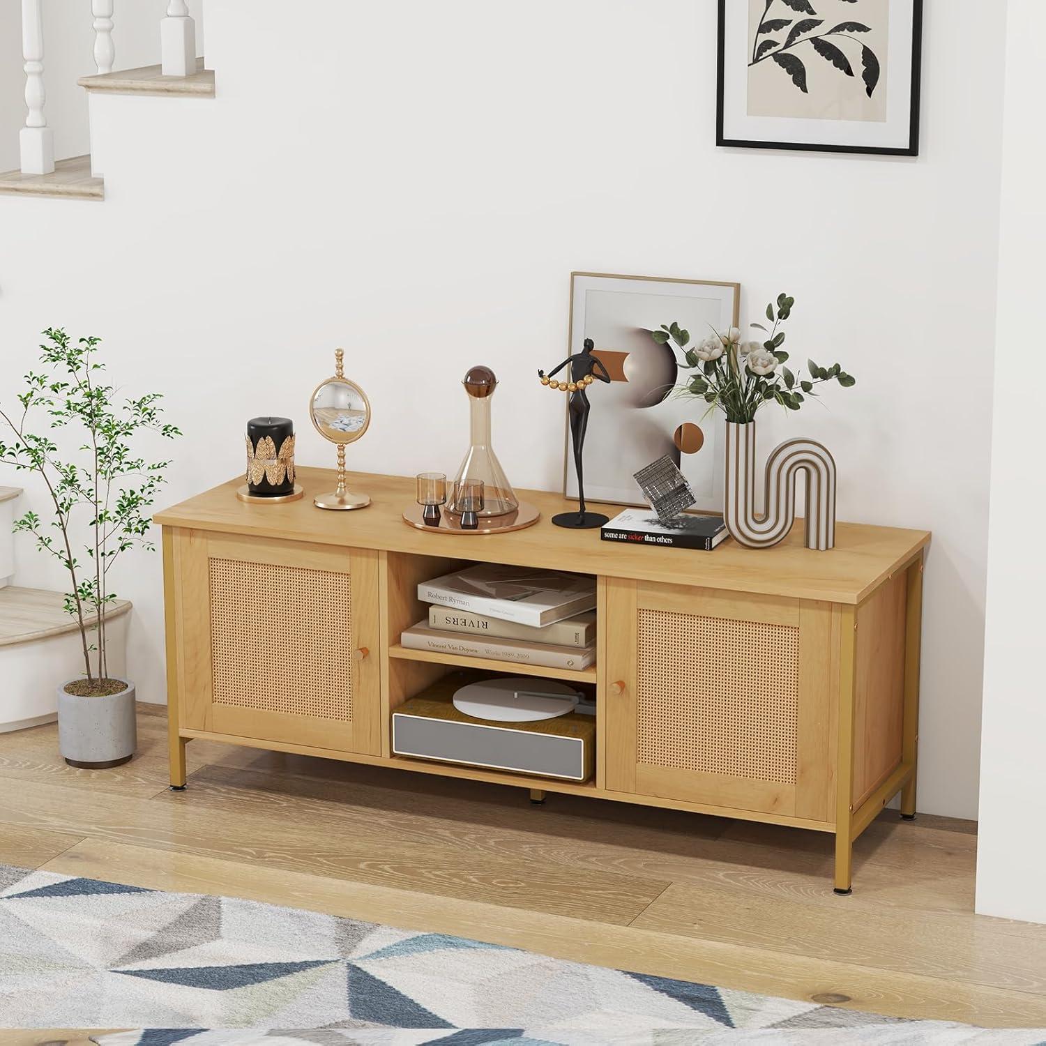image:imageGiantex TV Stand for TVs up to 55 Farmhouse Entertainment Center with 2 Cabinets Storage Shelves PE Rattan Doors 5 Metal Legs Cable Management Holes Boho TV Media Console for Living Room