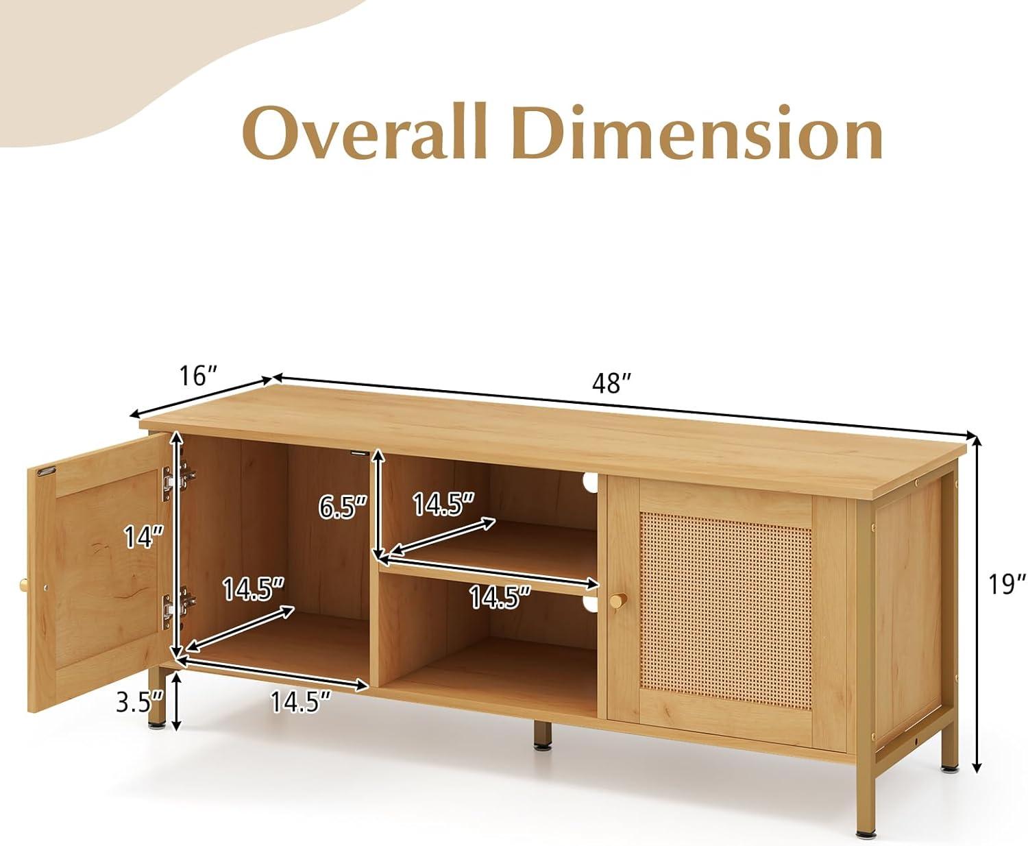 image:imageGiantex TV Stand for TVs up to 55 Farmhouse Entertainment Center with 2 Cabinets Storage Shelves PE Rattan Doors 5 Metal Legs Cable Management Holes Boho TV Media Console for Living Room
