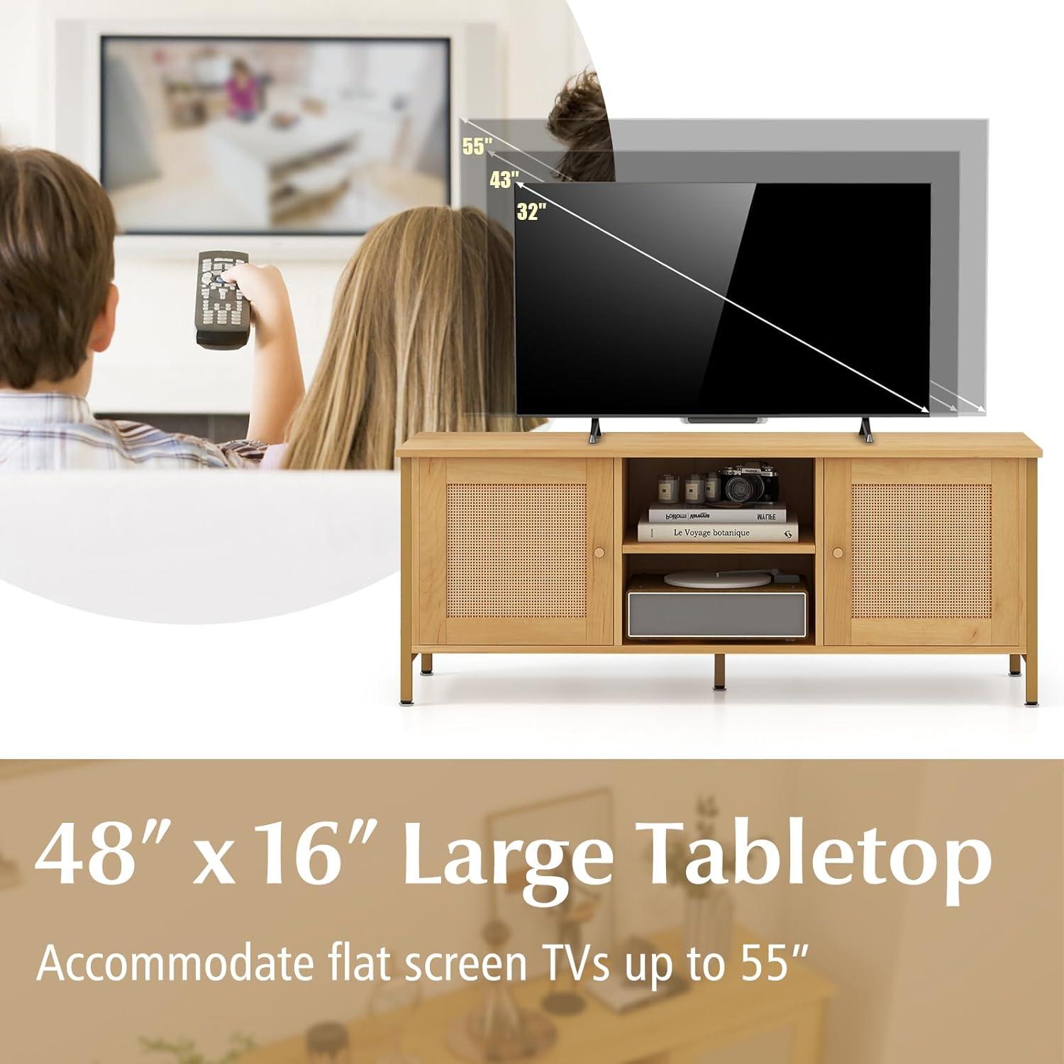image:imageGiantex TV Stand for TVs up to 55 Farmhouse Entertainment Center with 2 Cabinets Storage Shelves PE Rattan Doors 5 Metal Legs Cable Management Holes Boho TV Media Console for Living Room