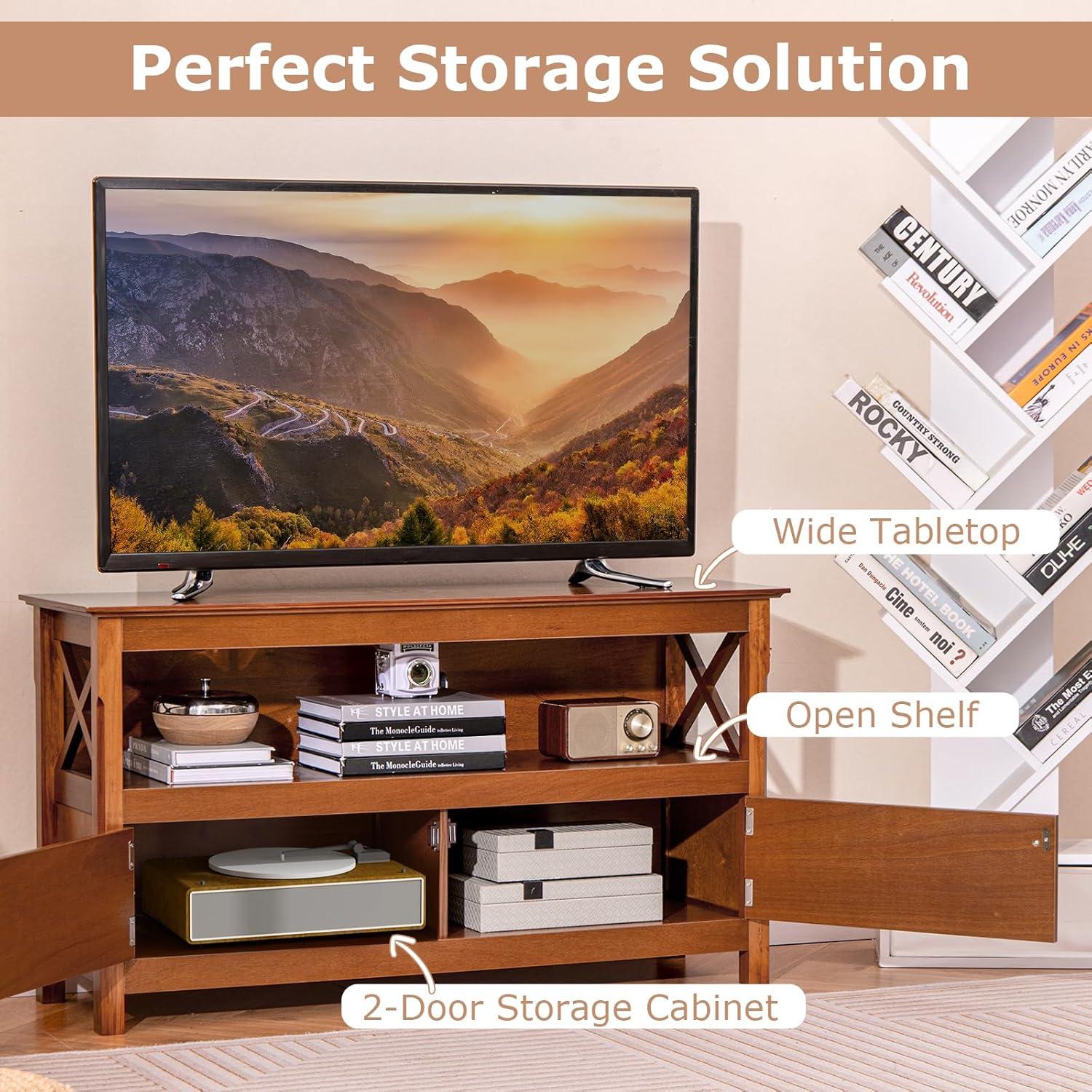 image:imageGiantex TV Stand with Power Outlet for TVs up to 50 Inch Entertainment Center with 2Door Cabinet Storage Shelf 2 Cable Holes Modern Media Console Table for Living Room Bedroom TV Cabinet BrownBrown