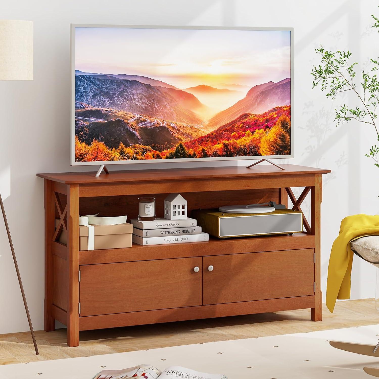 image:imageGiantex TV Stand with Power Outlet for TVs up to 50 Inch Entertainment Center with 2Door Cabinet Storage Shelf 2 Cable Holes Modern Media Console Table for Living Room Bedroom TV Cabinet BrownBrown