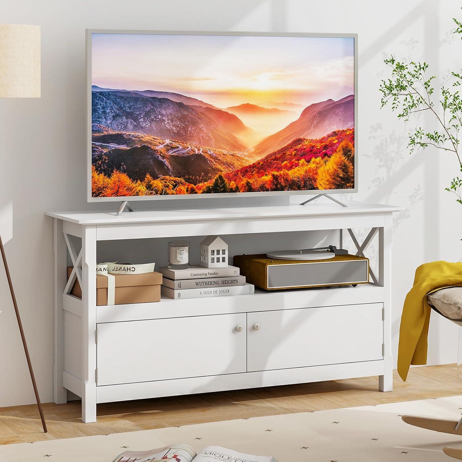 image:imageGiantex TV Stand with Power Outlet for TVs up to 50 Inch Entertainment Center with 2Door Cabinet Storage Shelf 2 Cable Holes Modern Media Console Table for Living Room Bedroom TV Cabinet BrownWhite