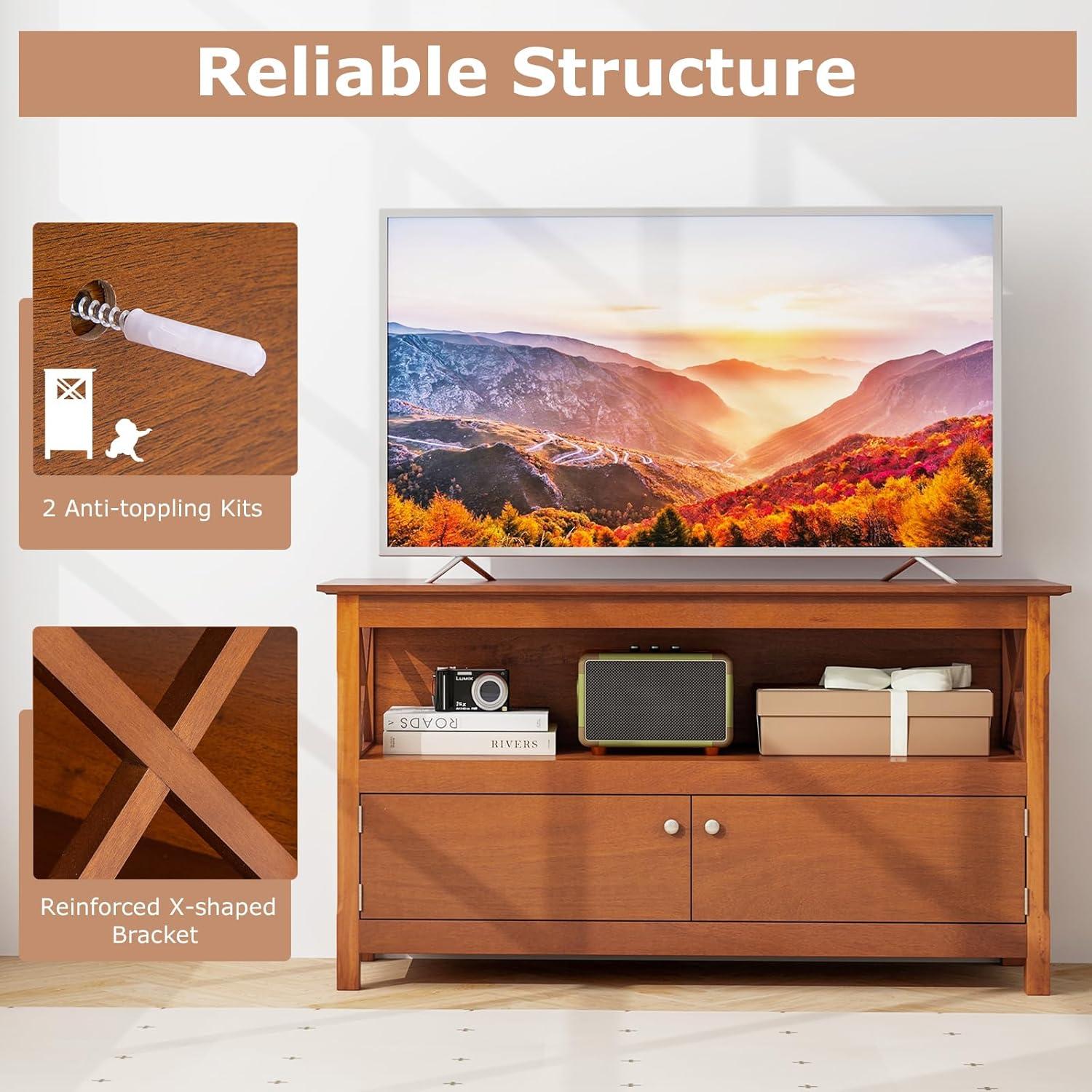 image:imageGiantex TV Stand with Power Outlet for TVs up to 50 Inch Entertainment Center with 2Door Cabinet Storage Shelf 2 Cable Holes Modern Media Console Table for Living Room Bedroom TV Cabinet BrownBrown