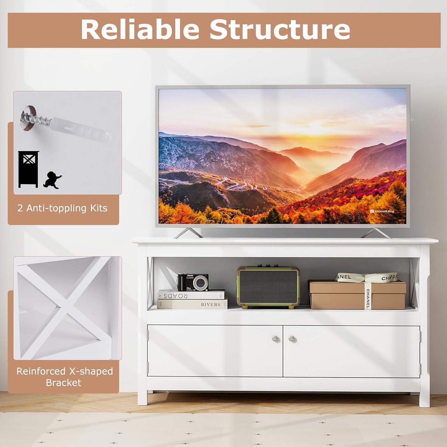image:imageGiantex TV Stand with Power Outlet for TVs up to 50 Inch Entertainment Center with 2Door Cabinet Storage Shelf 2 Cable Holes Modern Media Console Table for Living Room Bedroom TV Cabinet BrownWhite