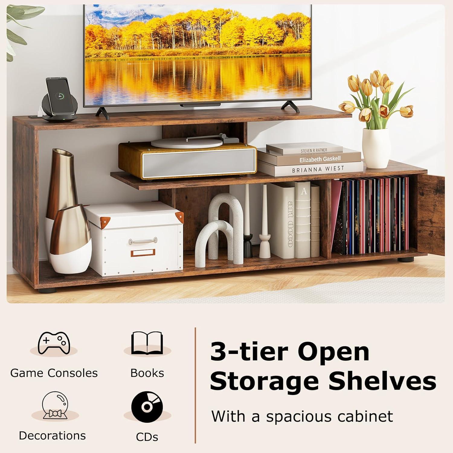 image:imageGiantex TV Stand with Power Outlet for TVs up to 55 Inch Entertainment Center with Storage Cabinet amp Open Shelves Media Console Table Modern Television Stands for Living Room Bedroom Rustic Brown