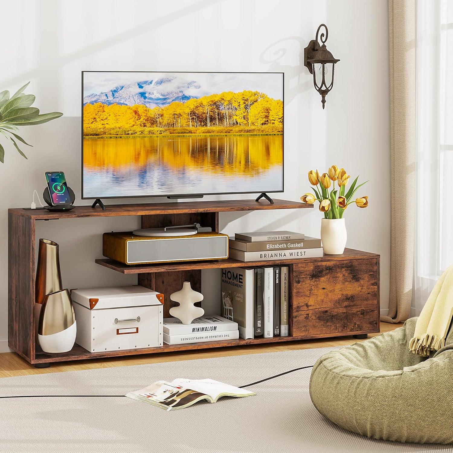 image:imageGiantex TV Stand with Power Outlet for TVs up to 55 Inch Entertainment Center with Storage Cabinet amp Open Shelves Media Console Table Modern Television Stands for Living Room Bedroom Rustic Brown