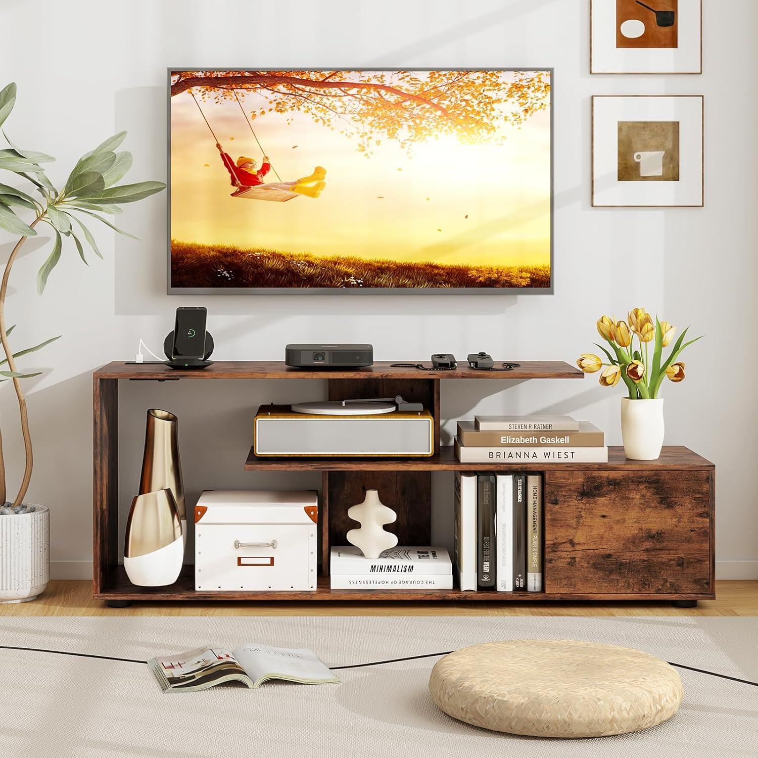 image:imageGiantex TV Stand with Power Outlet for TVs up to 55 Inch Entertainment Center with Storage Cabinet amp Open Shelves Media Console Table Modern Television Stands for Living Room Bedroom Rustic Brown