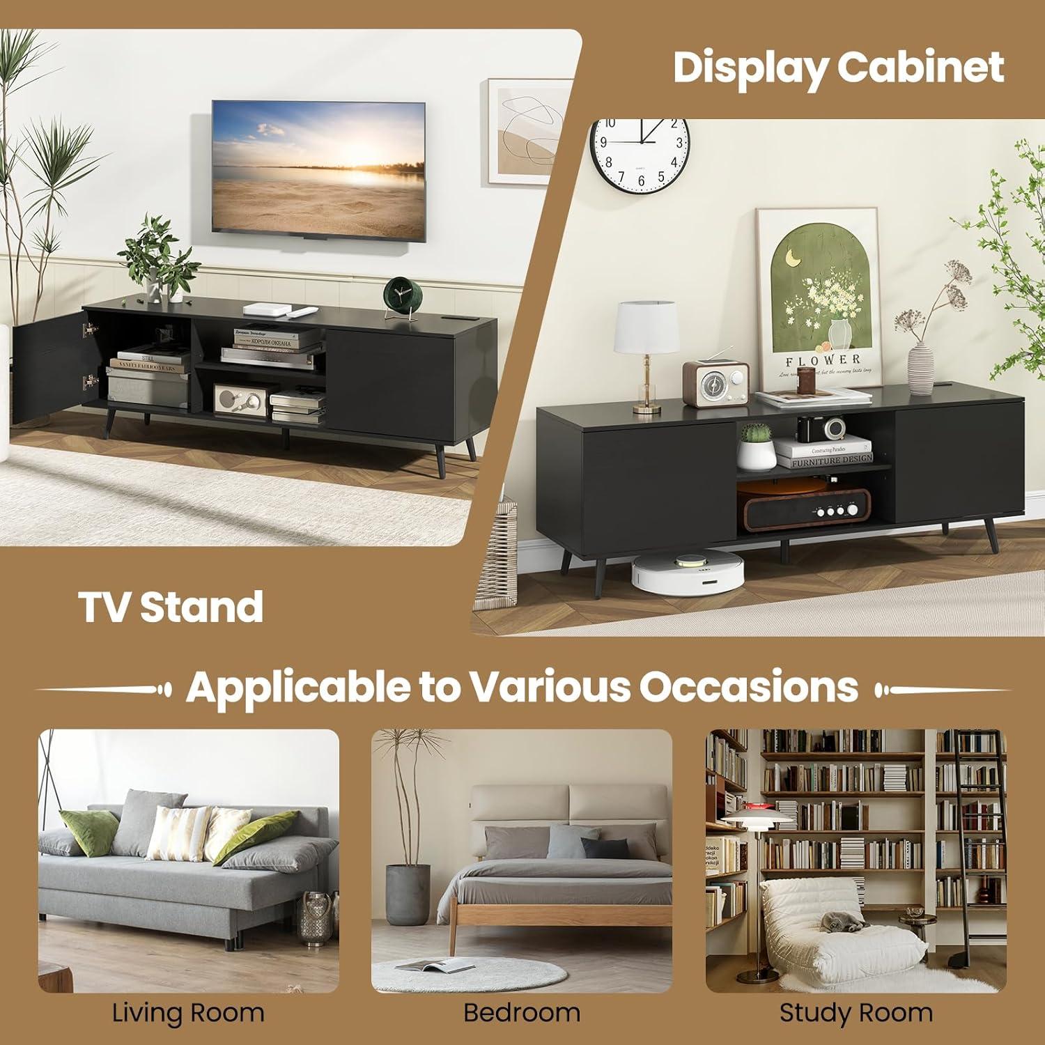 image:imageGiantex TV Stand with Power Outlet for TVs up to 60 Entertainment Center with Cable Hole Cabinets Adjustable Shelf Modern Media Console Television Stands for Living Room Bedroom BlackBlack