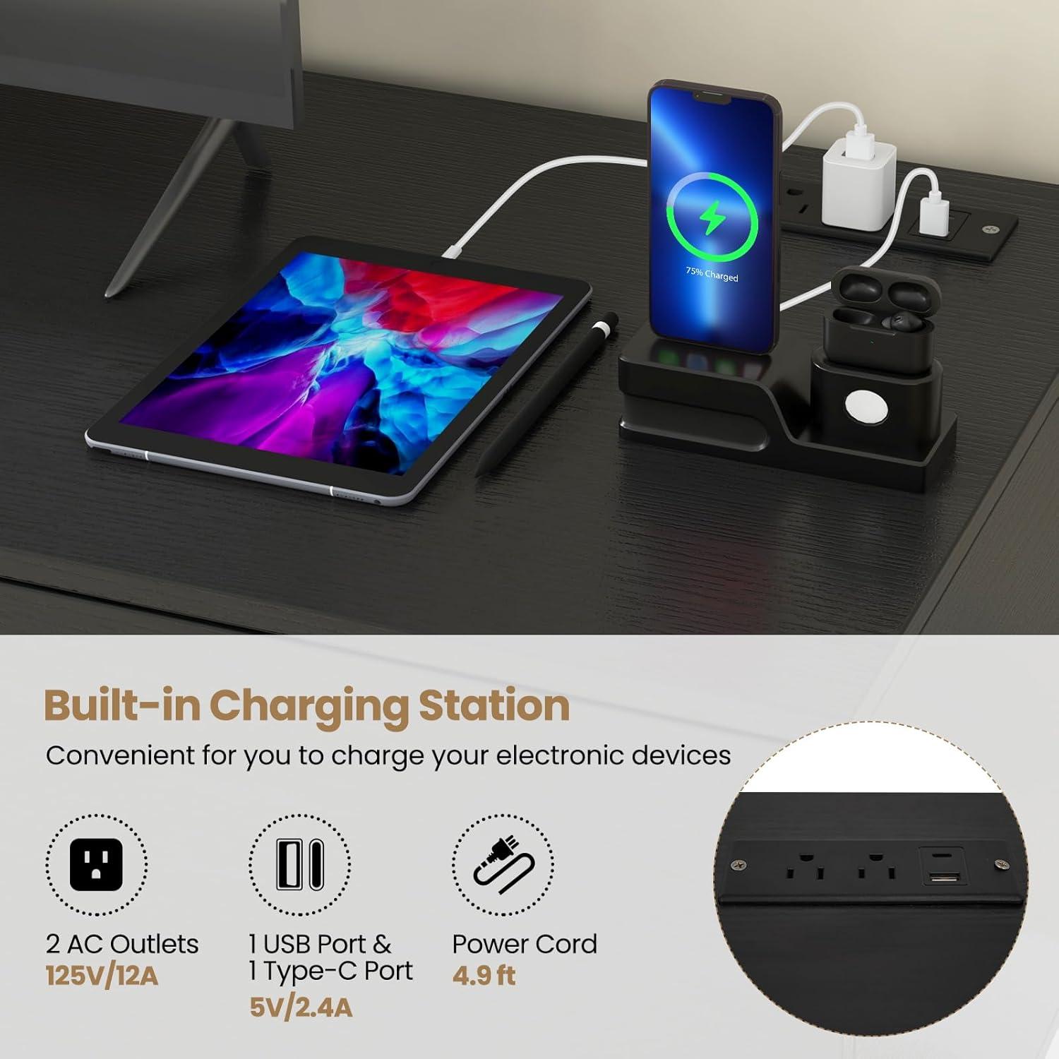 image:imageGiantex TV Stand with Power Outlet for TVs up to 60 Entertainment Center with Cable Hole Cabinets Adjustable Shelf Modern Media Console Television Stands for Living Room Bedroom BlackBlack
