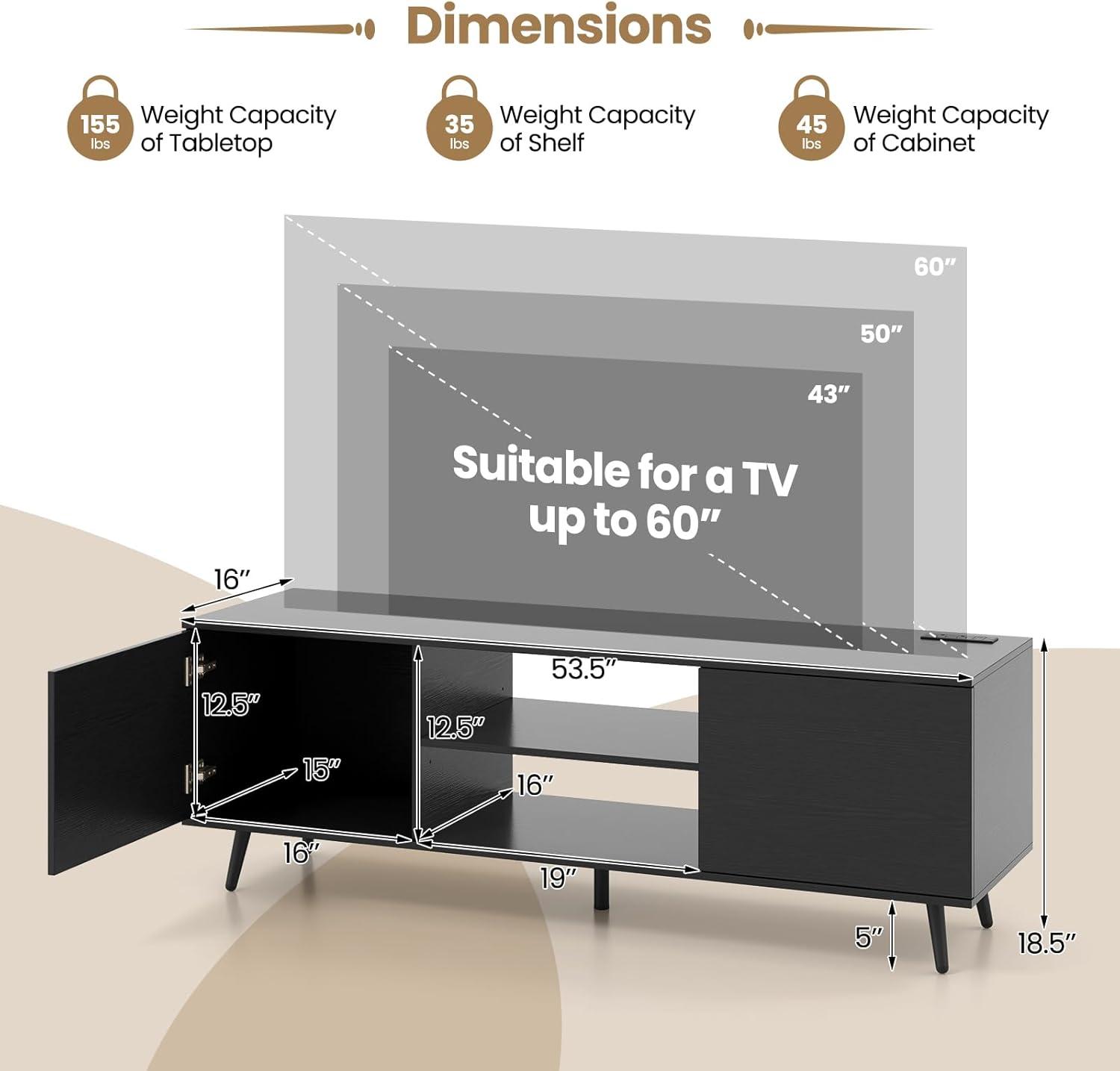 image:imageGiantex TV Stand with Power Outlet for TVs up to 60 Entertainment Center with Cable Hole Cabinets Adjustable Shelf Modern Media Console Television Stands for Living Room Bedroom BlackBlack