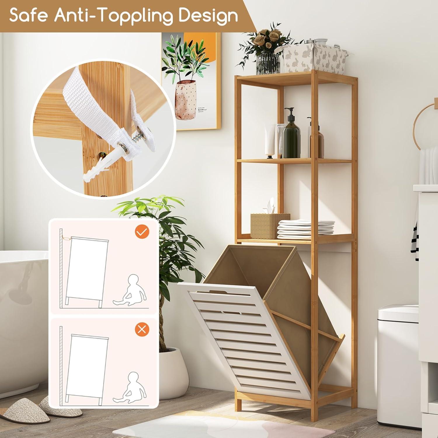 image:imageGiantex Tilt Out Laundry Hamper Laundry Hamper Cabinet with 3 Tier Storage Shelves Removable Laundry Basket 51 Tall Freestanding Bamboo Tower Hamper Organizer for Bathroom Small Space