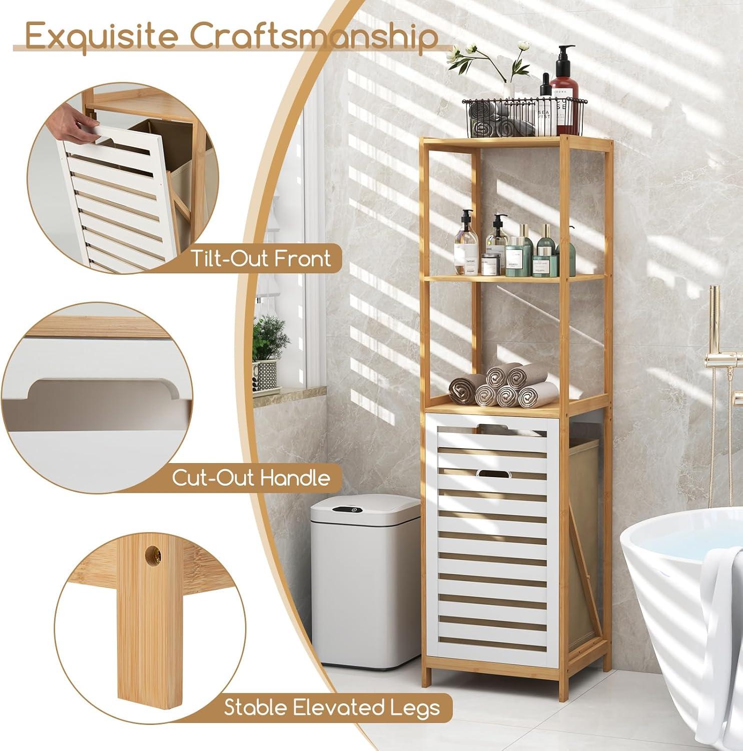 image:imageGiantex Tilt Out Laundry Hamper Laundry Hamper Cabinet with 3 Tier Storage Shelves Removable Laundry Basket 51 Tall Freestanding Bamboo Tower Hamper Organizer for Bathroom Small Space