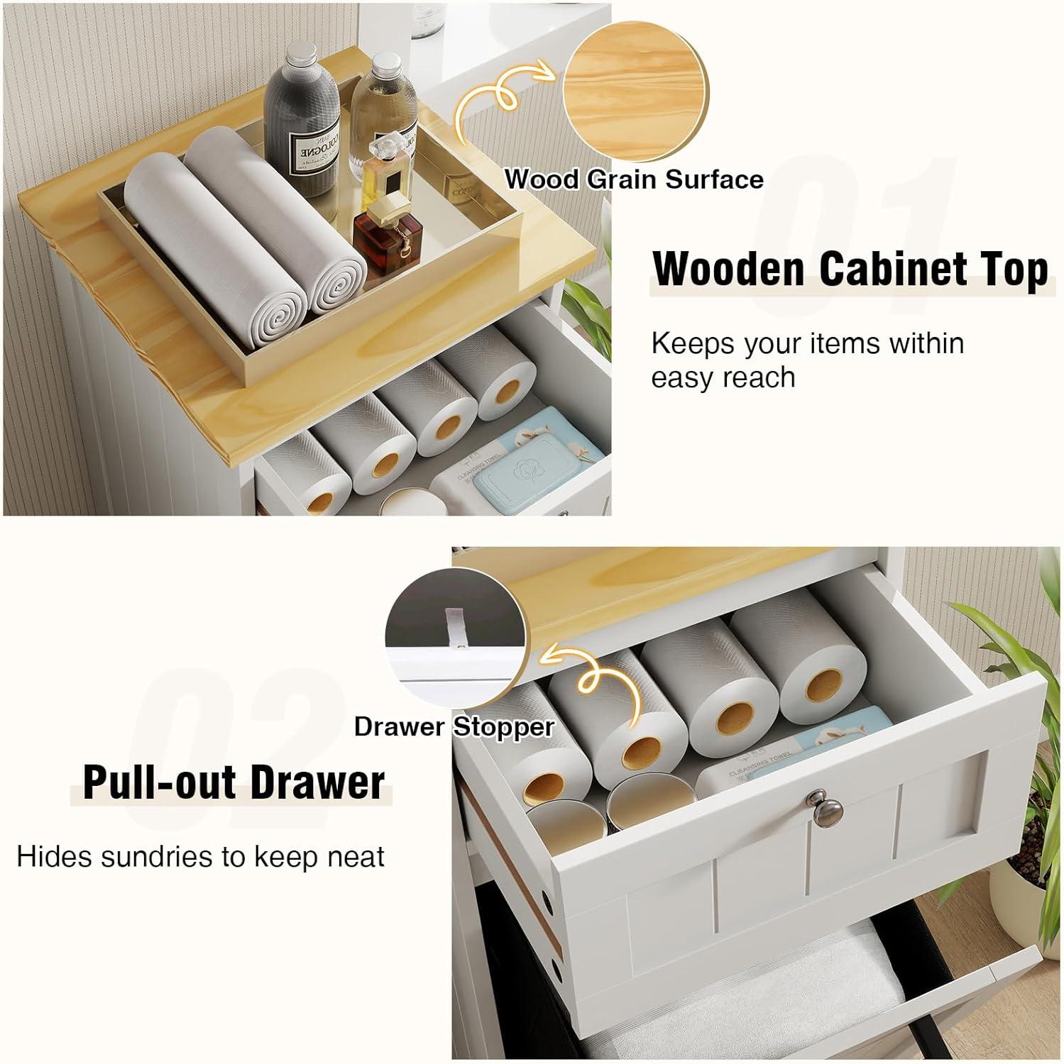 image:imageGiantex Tilt Out Laundry Hamper Cabinet Bathroom Storage Cabinet with Drawer Removable Laundry Basket Bamboo Countertop 10 Gallon Hidden Wood Laundry Cabinet WhiteWhite