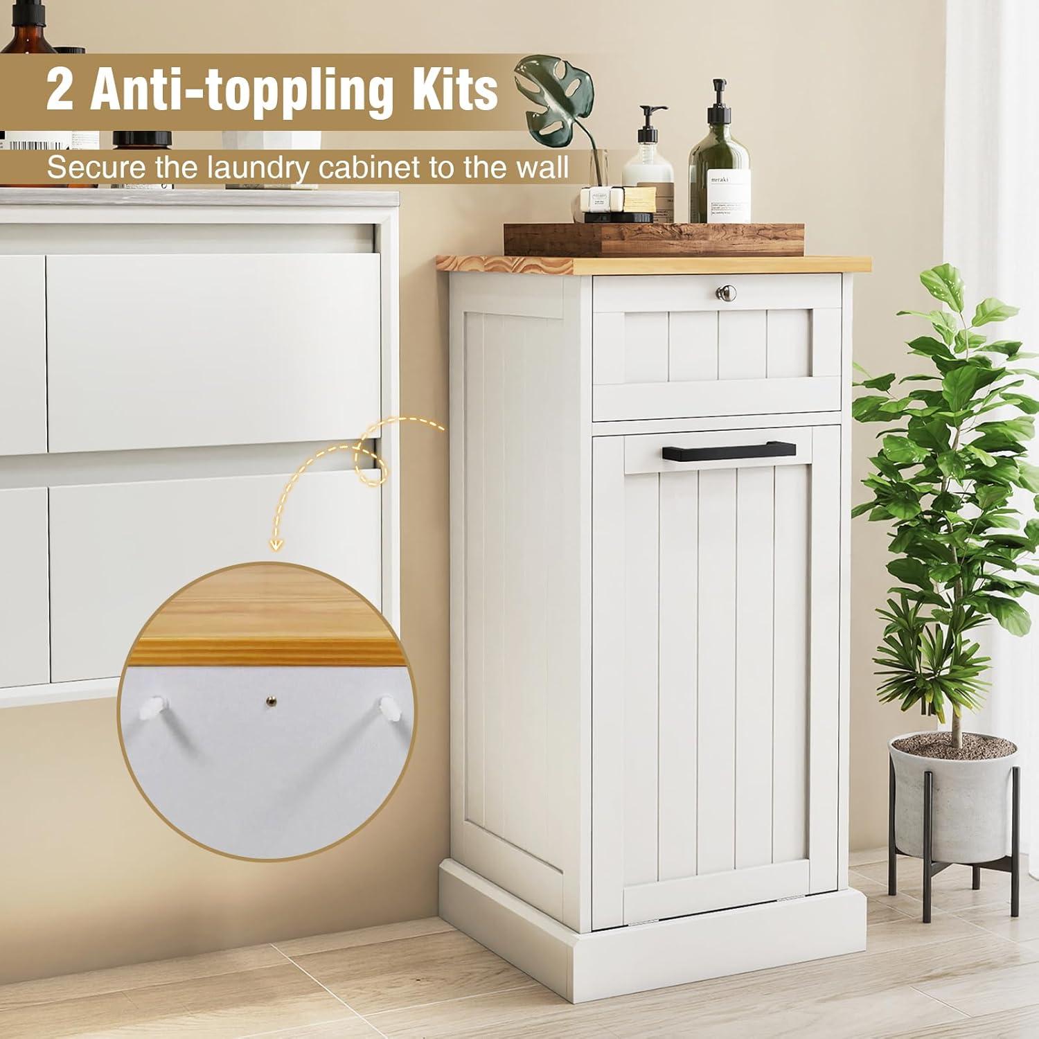 image:imageGiantex Tilt Out Laundry Hamper Cabinet Bathroom Storage Cabinet with Drawer Removable Laundry Basket Bamboo Countertop 10 Gallon Hidden Wood Laundry Cabinet WhiteWhite