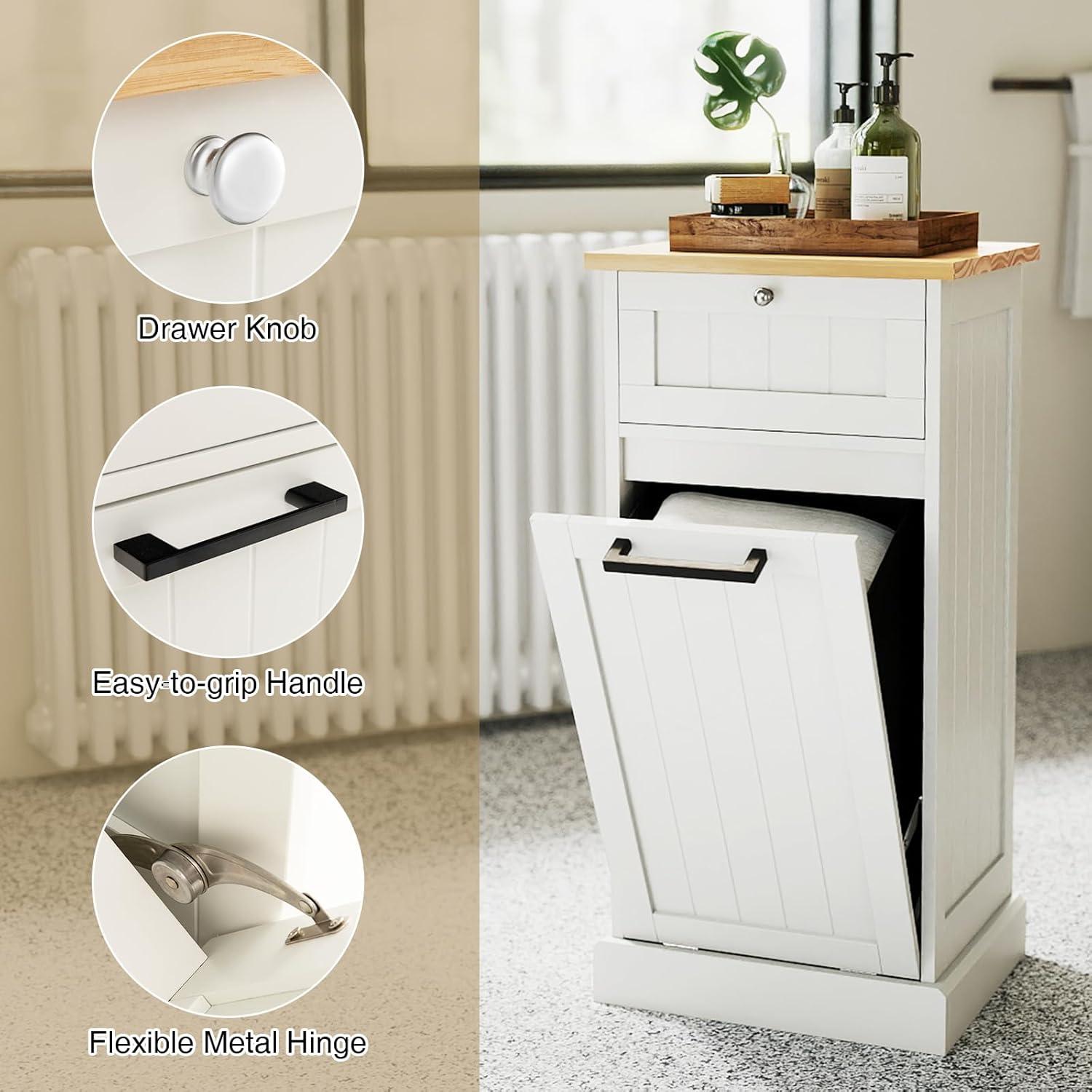 image:imageGiantex Tilt Out Laundry Hamper Cabinet Bathroom Storage Cabinet with Drawer Removable Laundry Basket Bamboo Countertop 10 Gallon Hidden Wood Laundry Cabinet WhiteWhite