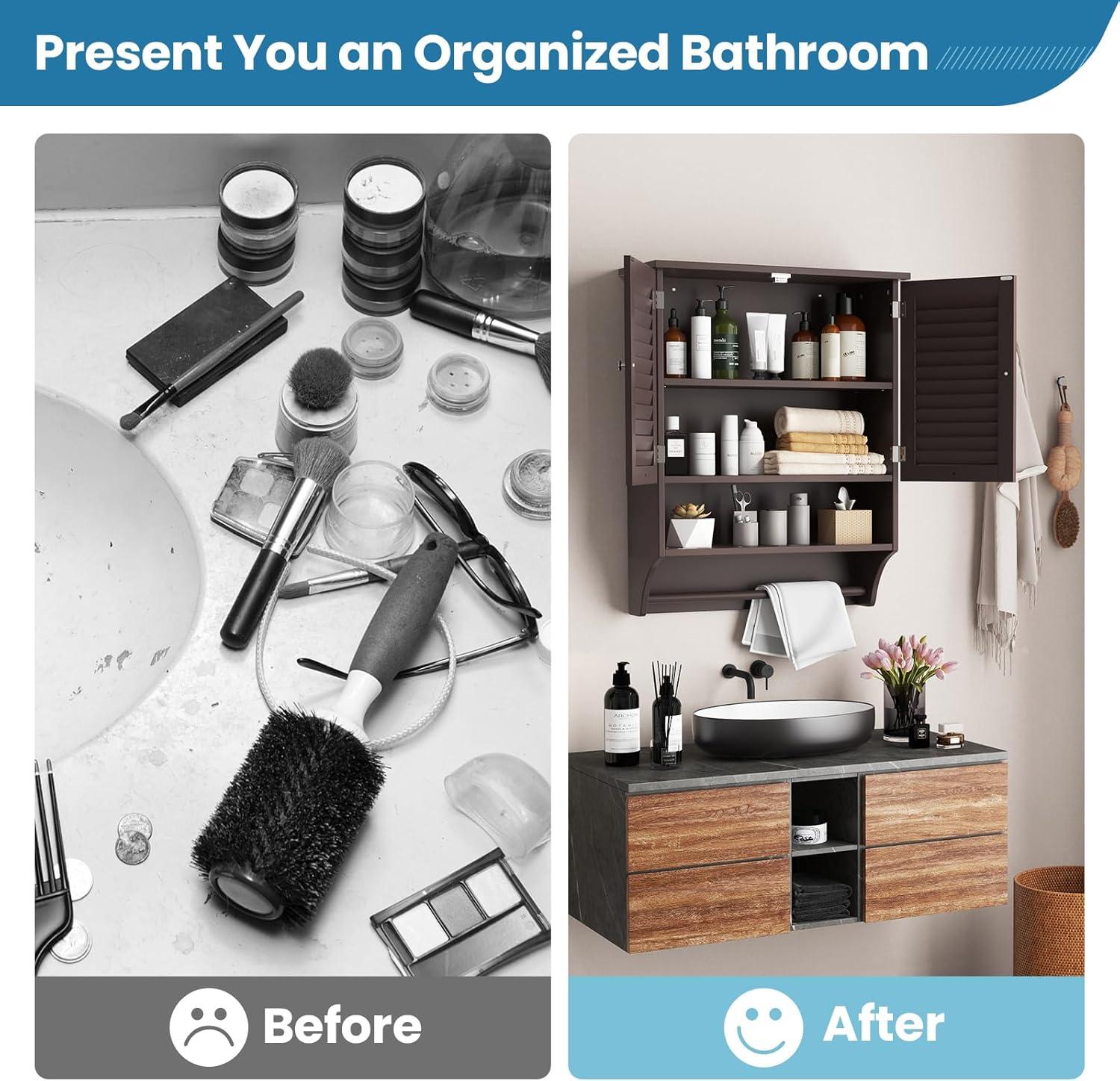 image:imageGiantex Wall Mounted Bathroom Cabinet with 2 Louvered Doors 3Position Adjustable Shelf Towel Bar Over The Toilet Space Saver Above Toilet Hanging Medicine Cabinet EspressoEspresso