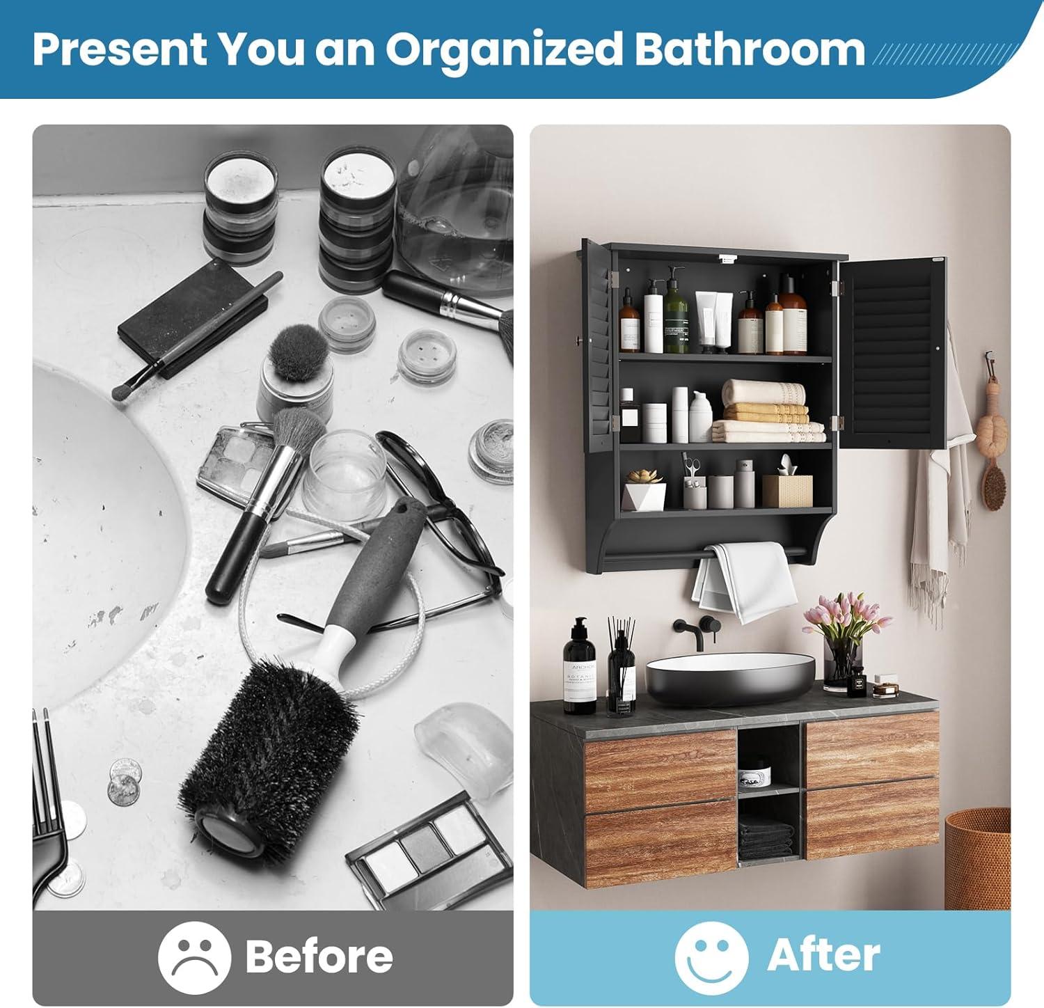 image:imageGiantex Wall Mounted Bathroom Cabinet with 2 Louvered Doors 3Position Adjustable Shelf Towel Bar Over The Toilet Space Saver Above Toilet Hanging Medicine Cabinet EspressoBlack