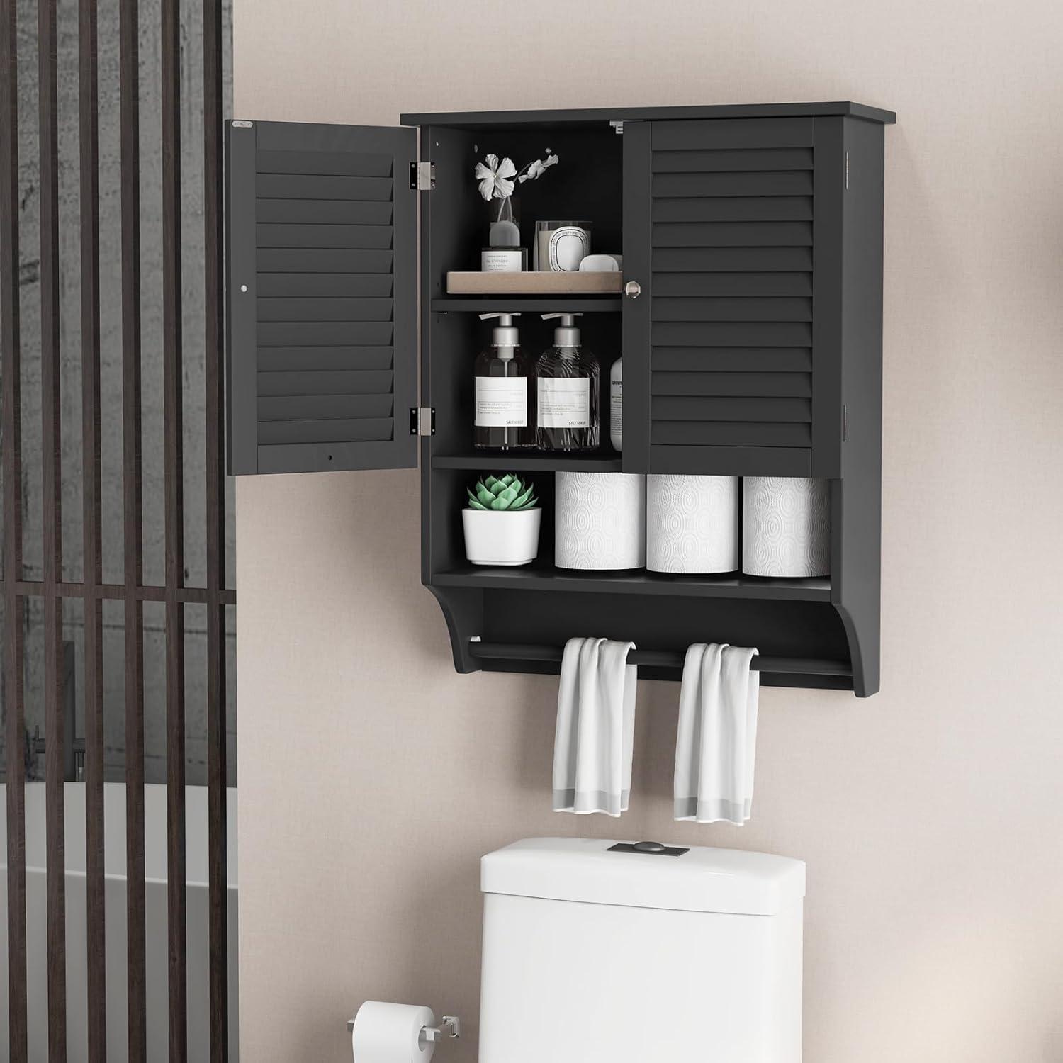 image:imageGiantex Wall Mounted Bathroom Cabinet with 2 Louvered Doors 3Position Adjustable Shelf Towel Bar Over The Toilet Space Saver Above Toilet Hanging Medicine Cabinet EspressoBlack