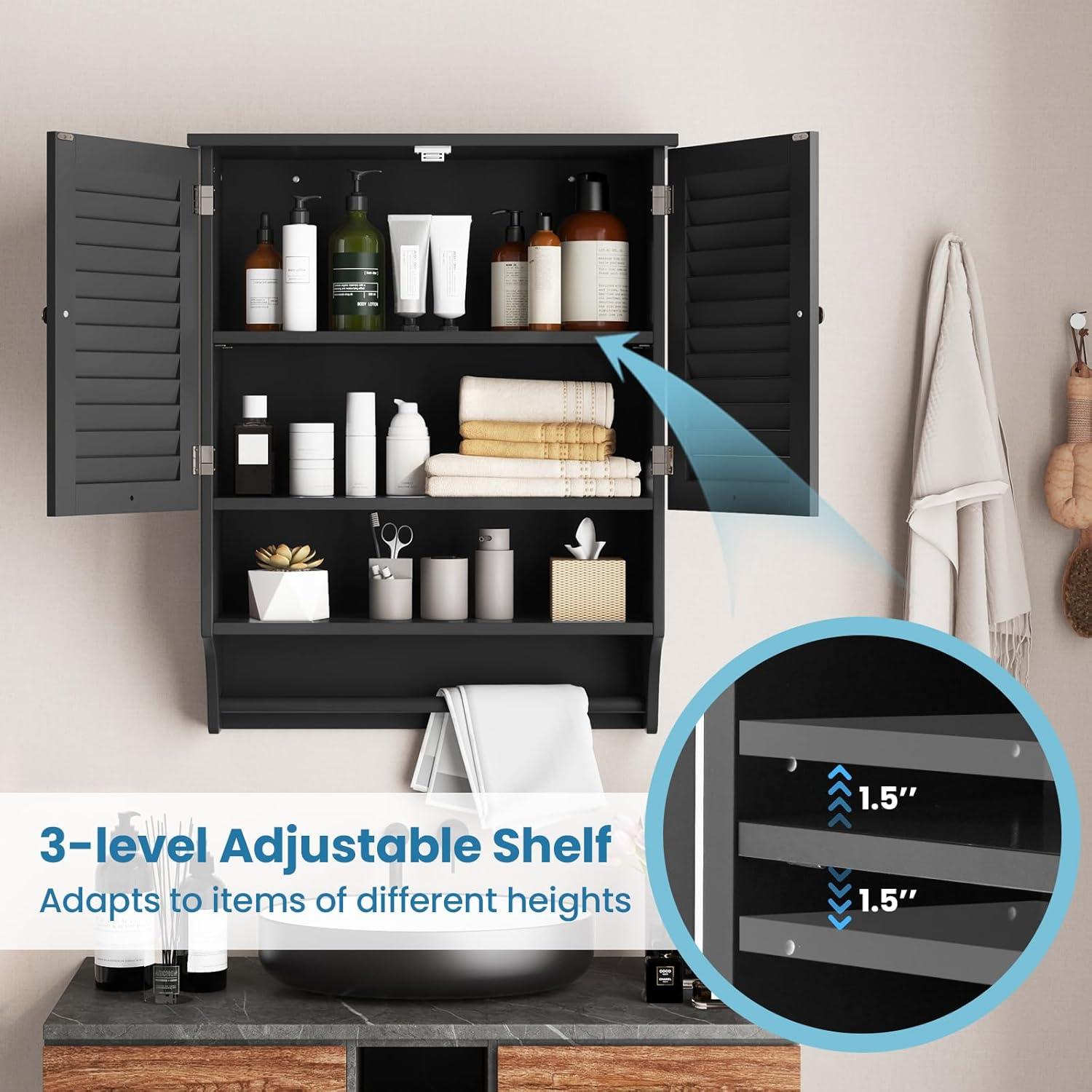 image:imageGiantex Wall Mounted Bathroom Cabinet with 2 Louvered Doors 3Position Adjustable Shelf Towel Bar Over The Toilet Space Saver Above Toilet Hanging Medicine Cabinet EspressoBlack