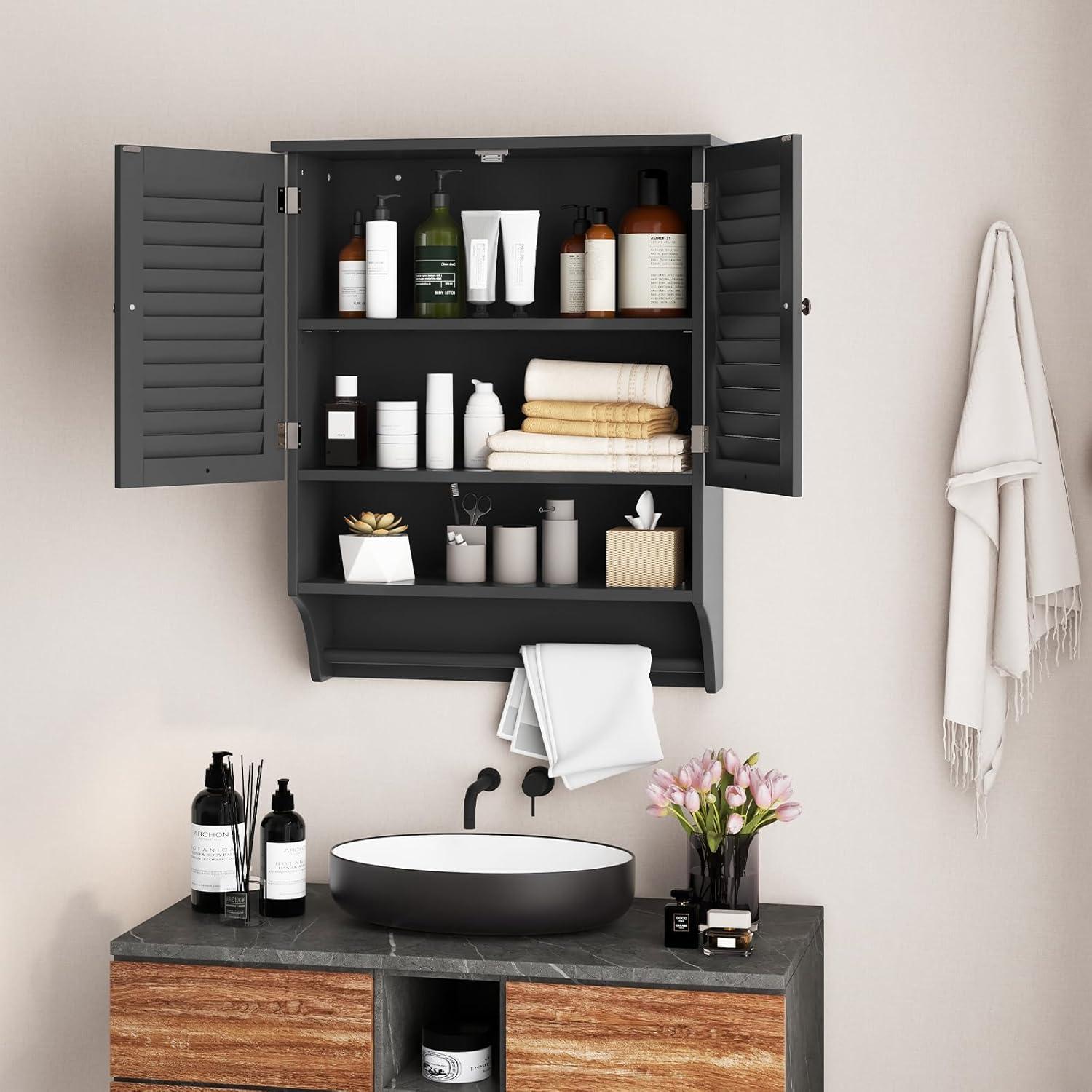 image:imageGiantex Wall Mounted Bathroom Cabinet with 2 Louvered Doors 3Position Adjustable Shelf Towel Bar Over The Toilet Space Saver Above Toilet Hanging Medicine Cabinet EspressoBlack