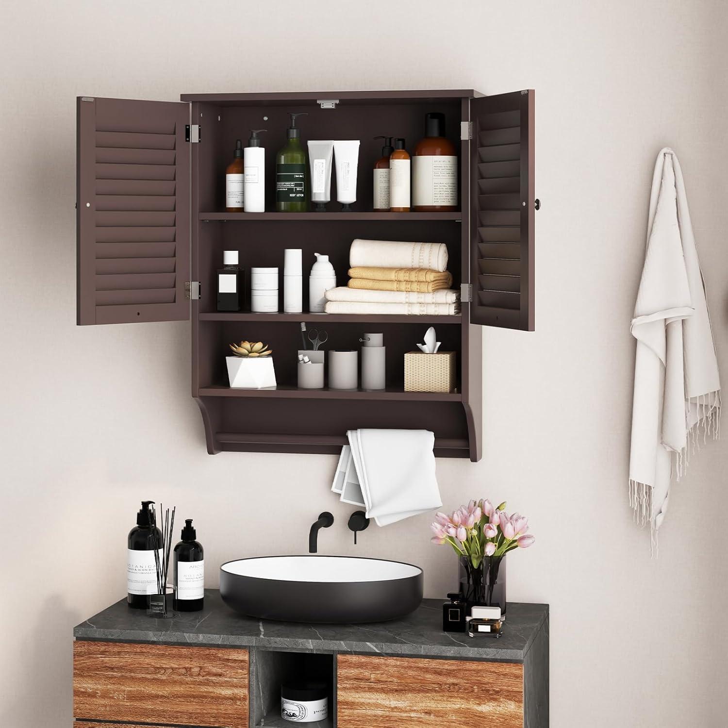 image:imageGiantex Wall Mounted Bathroom Cabinet with 2 Louvered Doors 3Position Adjustable Shelf Towel Bar Over The Toilet Space Saver Above Toilet Hanging Medicine Cabinet EspressoEspresso