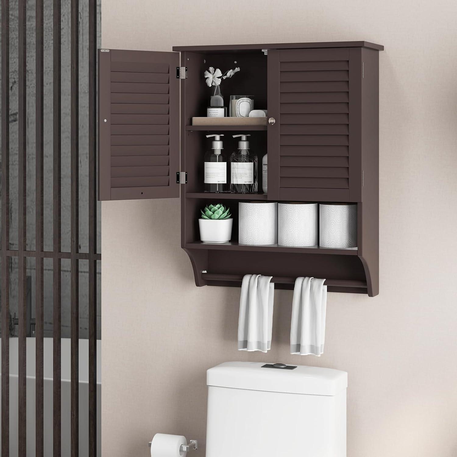 image:imageGiantex Wall Mounted Bathroom Cabinet with 2 Louvered Doors 3Position Adjustable Shelf Towel Bar Over The Toilet Space Saver Above Toilet Hanging Medicine Cabinet EspressoEspresso
