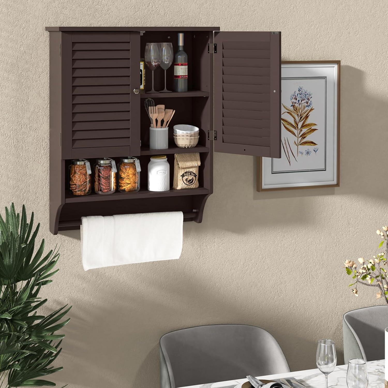 image:imageGiantex Wall Mounted Bathroom Cabinet with 2 Louvered Doors 3Position Adjustable Shelf Towel Bar Over The Toilet Space Saver Above Toilet Hanging Medicine Cabinet EspressoEspresso