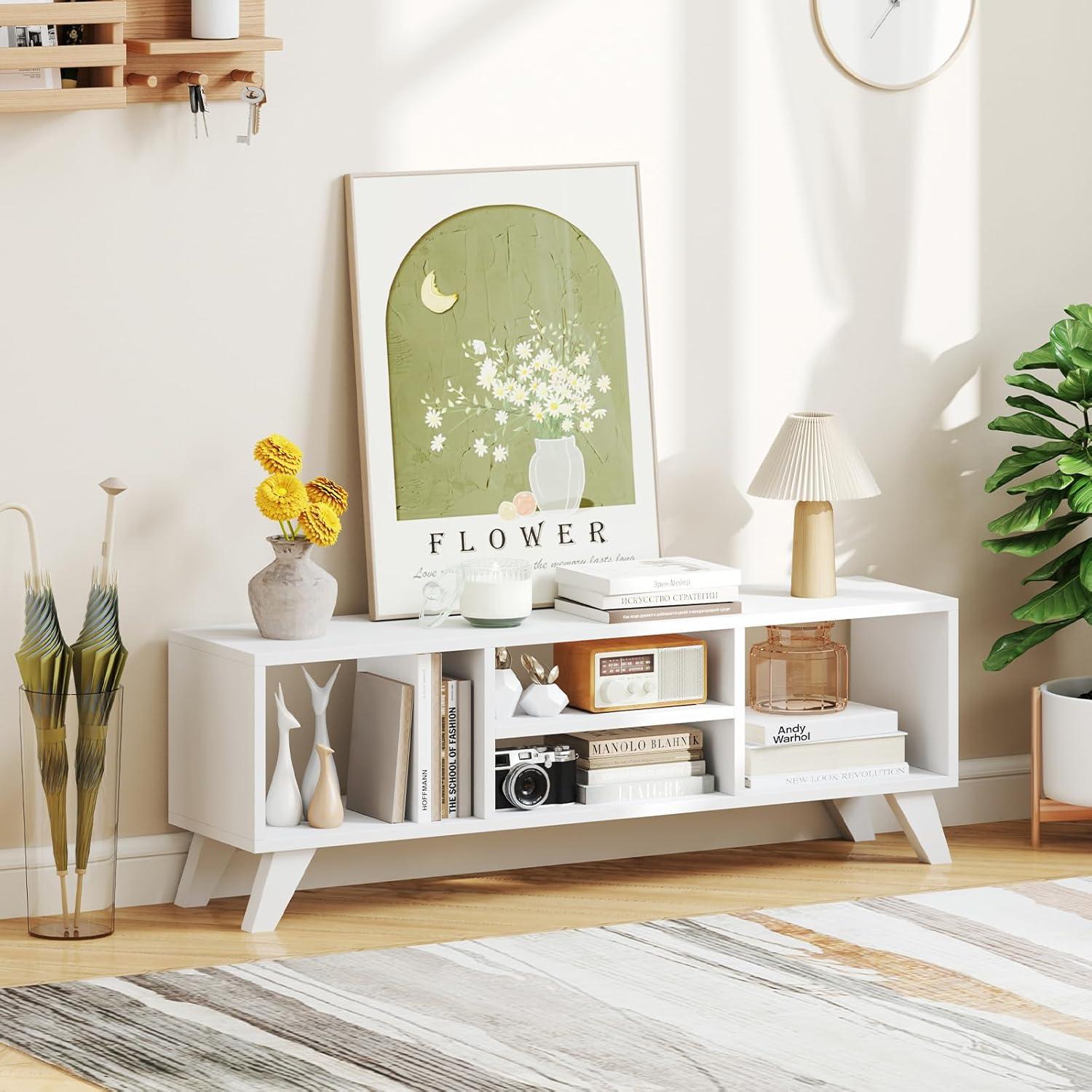 image:imageGiantex White TV Stand for TVs up to 55 4Cubby Modern Entertainment Center with Open Storage Shelves Wood Media Console Table for Living Room Bedroom