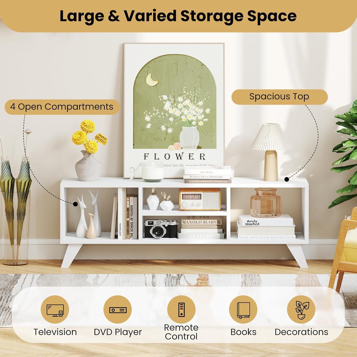 image:imageGiantex White TV Stand for TVs up to 55 4Cubby Modern Entertainment Center with Open Storage Shelves Wood Media Console Table for Living Room Bedroom