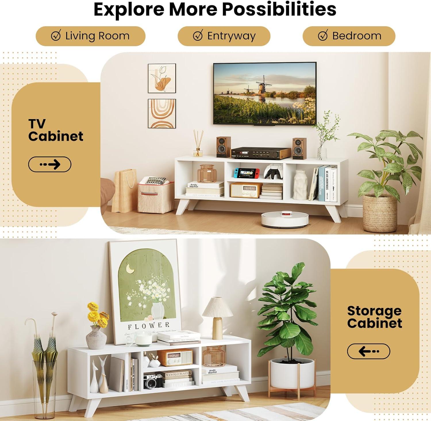 image:imageGiantex White TV Stand for TVs up to 55 4Cubby Modern Entertainment Center with Open Storage Shelves Wood Media Console Table for Living Room Bedroom